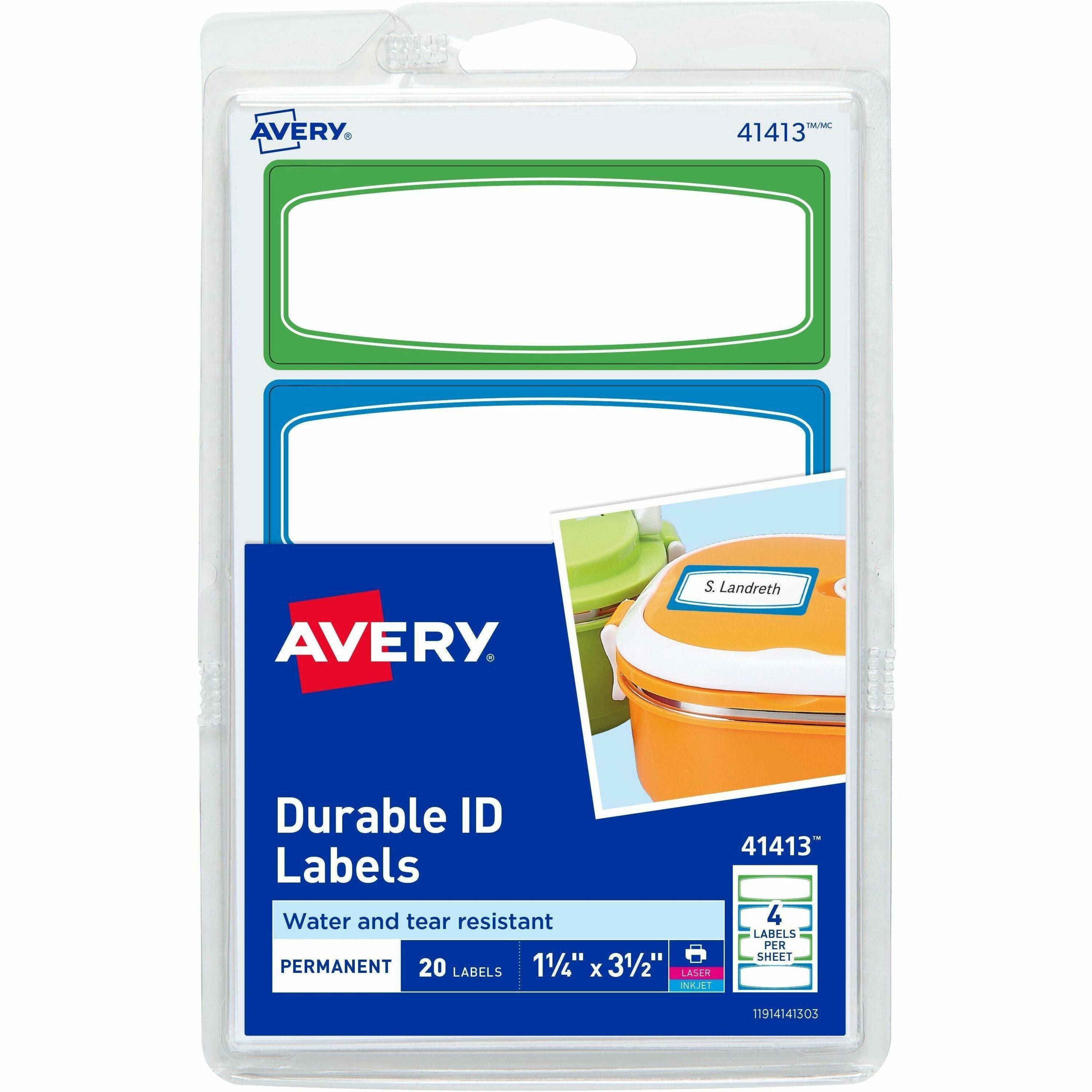 Avery Kids Gear Durable Labels, 3-1/2" x 1-1/4", Rectangle, Matte Finish, Blue & Green Borders, Permanent Adhesive, Water Resistant, 4 Labels/Sheet, 4 Sheets, 20 Labels/Carton