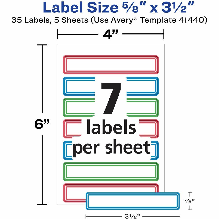 Avery Kids Gear Durable Labels, 5/8" x 3-1/2", Rectangle, Matte Finish, Blue/Green/Red Borders, Permanent Adhesive, 7 Labels/Sheet, 7 Sheets, 35 Labels/Carton