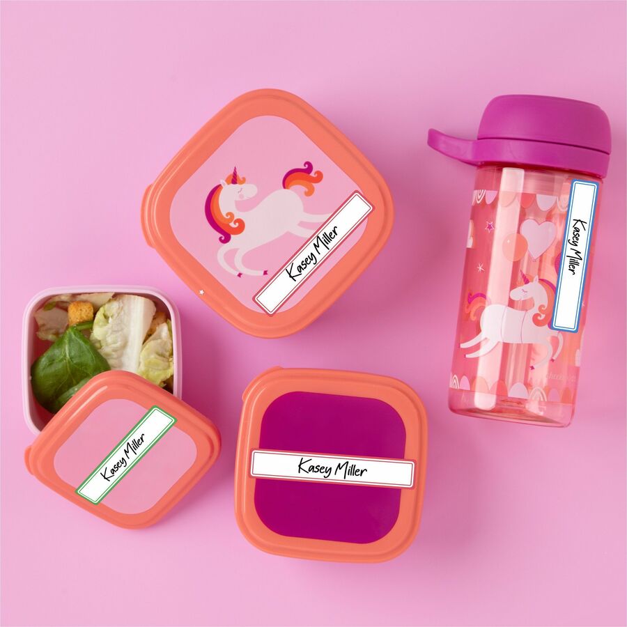 Avery Kids Gear Durable Labels, 5/8" x 3-1/2", Rectangle, Matte Finish, Blue/Green/Red Borders, Permanent Adhesive, 7 Labels/Sheet, 7 Sheets, 35 Labels/Carton