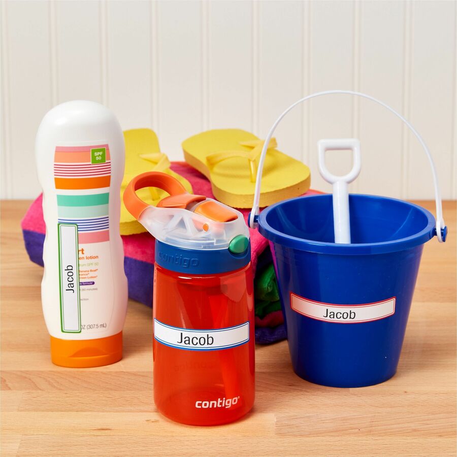 Avery Kids Gear Durable Labels, 5/8" x 3-1/2", Rectangle, Matte Finish, Blue/Green/Red Borders, Permanent Adhesive, 7 Labels/Sheet, 7 Sheets, 35 Labels/Carton