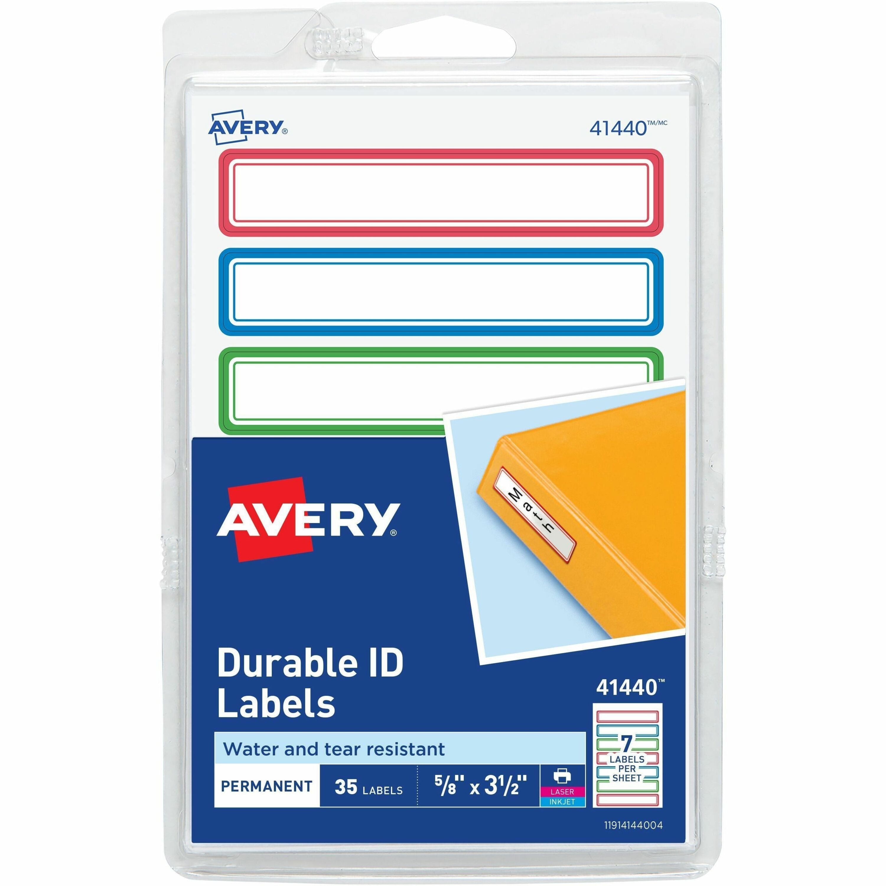 Avery Kids Gear Durable Labels, 5/8" x 3-1/2", Rectangle, Matte Finish, Blue/Green/Red Borders, Permanent Adhesive, 7 Labels/Sheet, 7 Sheets, 35 Labels/Carton