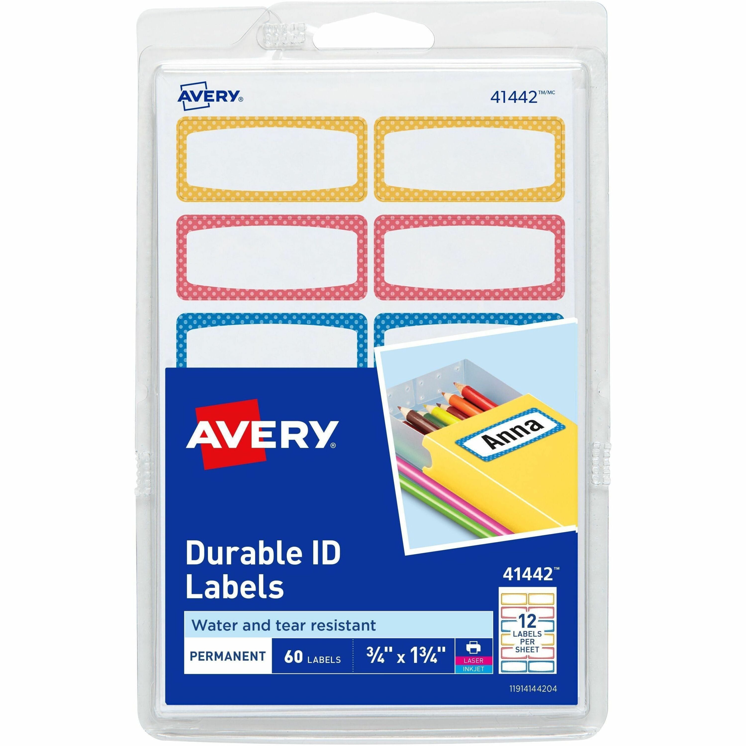 Avery Kids Gear Durable Labels, 3/4" x 1-3/4", Rectangle, Matte, Blue/Orange/Yellow Borders, Permanent Adhesive, 12 Labels/Sheet, 12 Sheets, 60 Labels/Pack, 18 Cartons