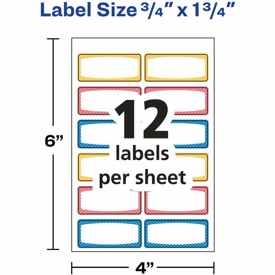 Avery Kids Gear Durable Labels, 3/4" x 1-3/4", Rectangle, Matte, Blue/Orange/Yellow Borders, Permanent Adhesive, 12 Labels/Sheet, 12 Sheets, 60 Labels/Pack, 18 Cartons