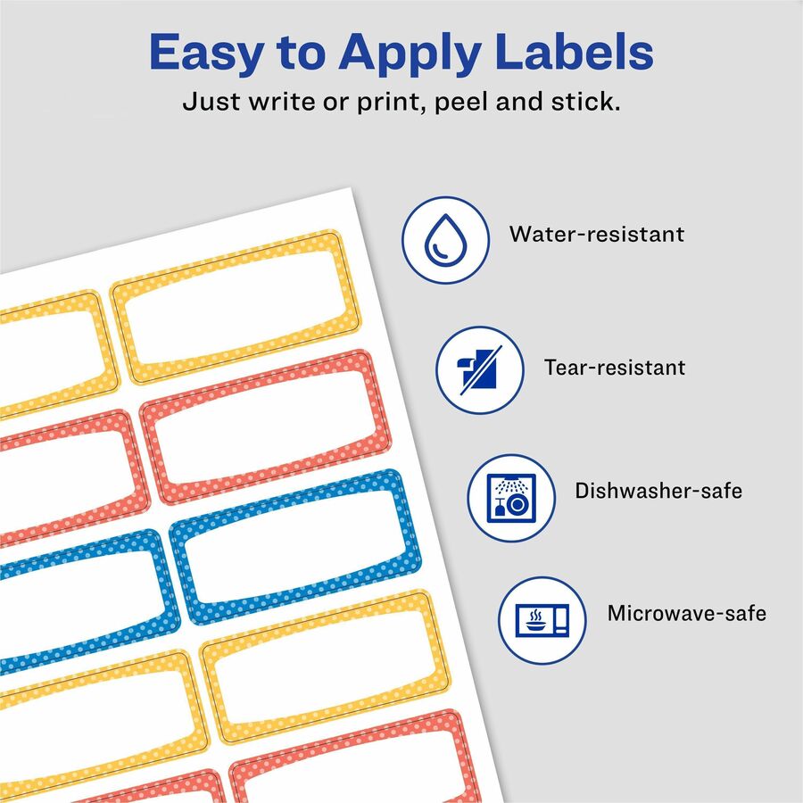 Avery Kids Gear Durable Labels, 3/4" x 1-3/4", Rectangle, Matte, Blue/Orange/Yellow Borders, Permanent Adhesive, 12 Labels/Sheet, 12 Sheets, 60 Labels/Pack, 18 Cartons