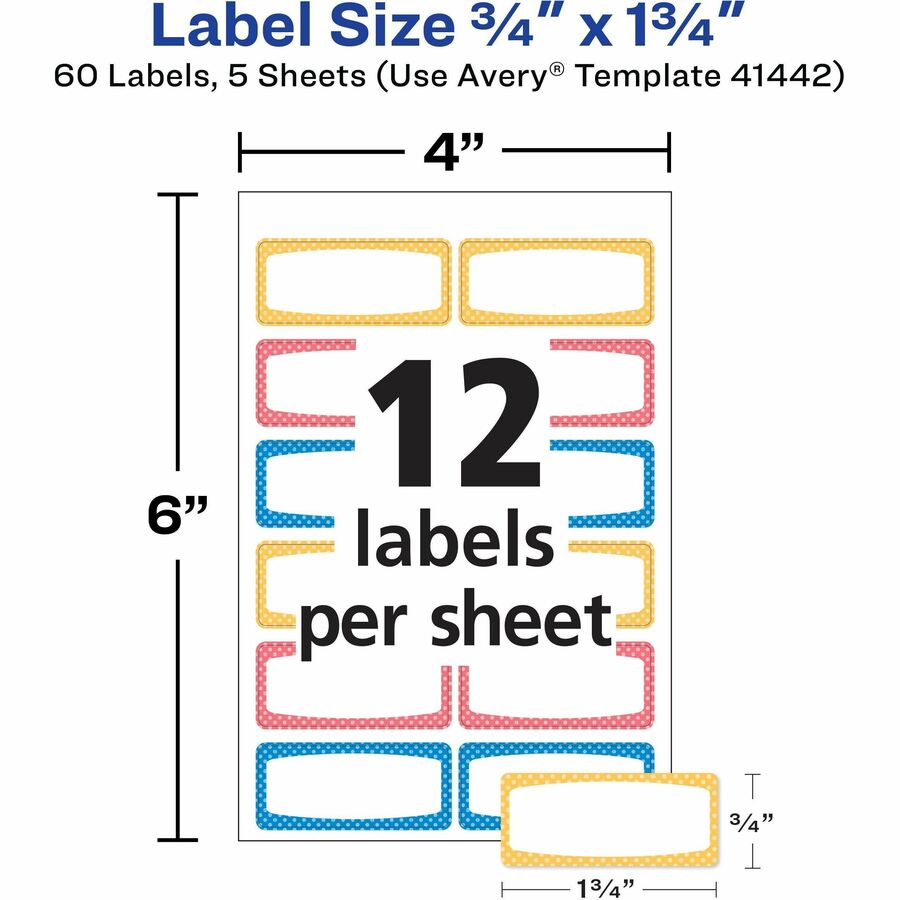 Avery Kids Gear Durable Labels, 3/4" x 1-3/4", Rectangle, Matte, Blue/Orange/Yellow Borders, Permanent Adhesive, 12 Labels/Sheet, 12 Sheets, 60 Labels/Pack, 18 Cartons