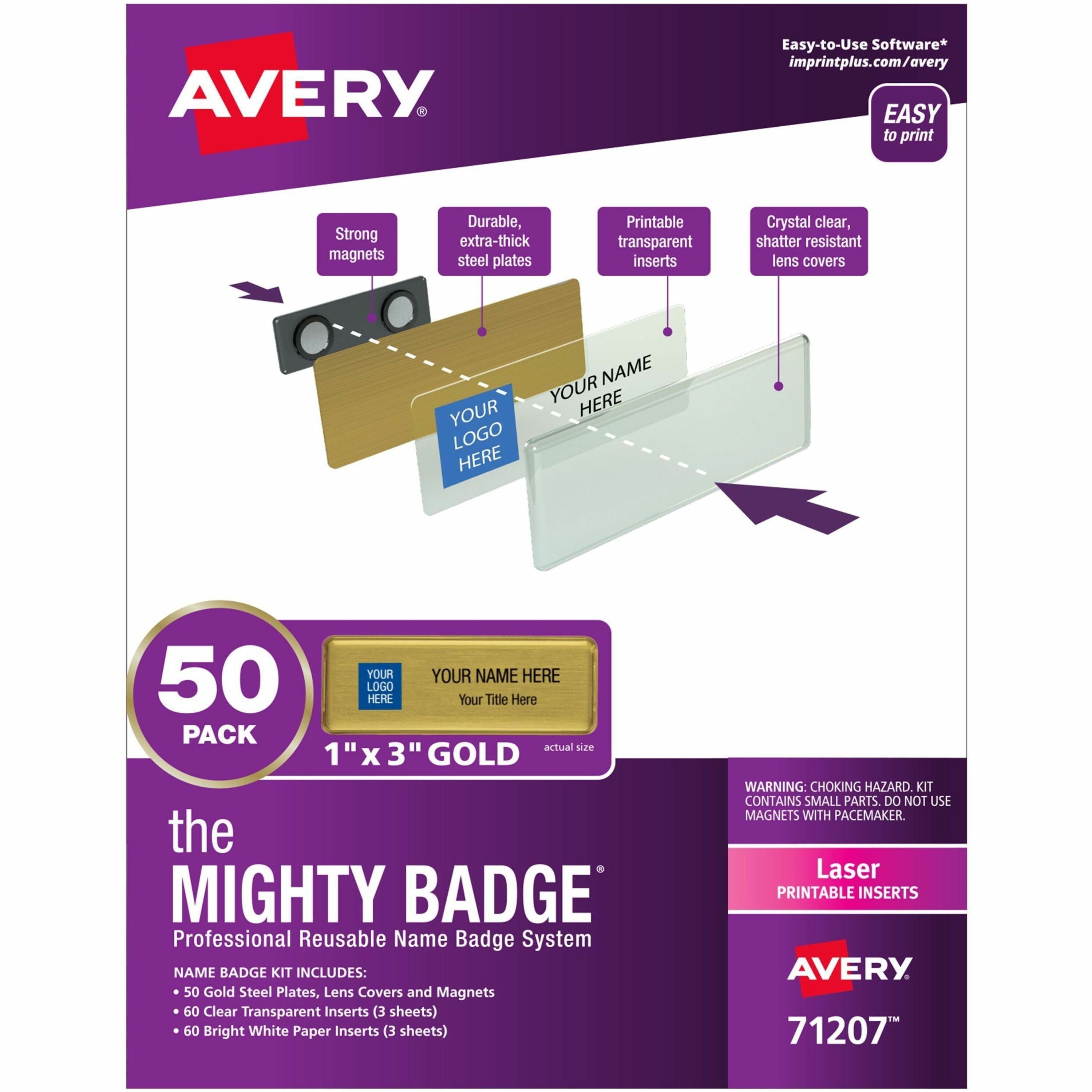 The Mighty Badge by Avery Reusable Magnetic Professional Name Badge Kit, Gold Steel Plates, 1" x 3", 50 Pack with 120 Printable Inserts