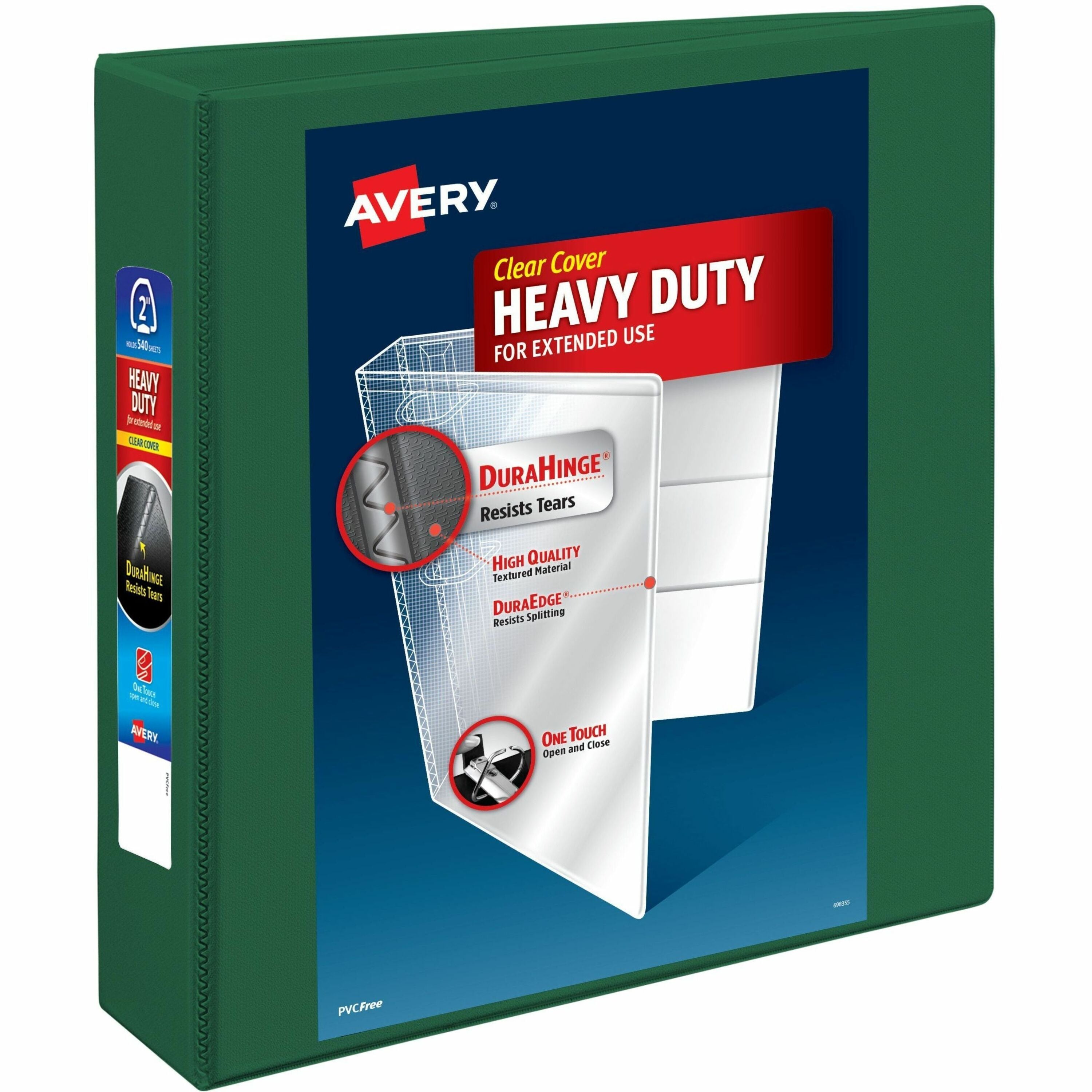 Avery DuraHinge Ring Binder, 2" Capacity, Letter Size, 540 Sheet, 4 Internal Pockets, Green, Polypropylene, 1 Carton