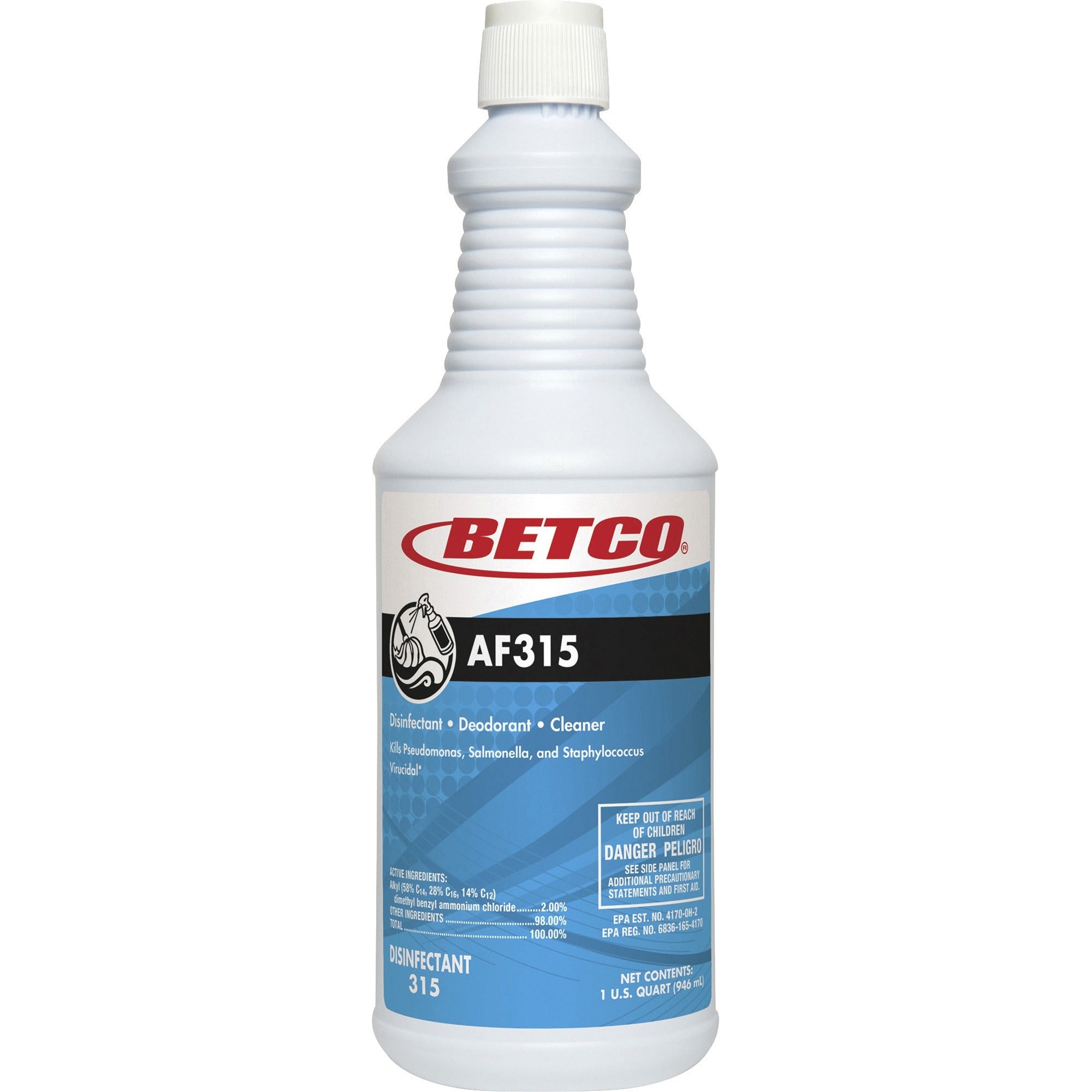 Betco AF315 Disinfectant Cleaner - Concentrate - 32 fl oz (1 quart) - Citrus Floral Scent - Deodorant, Detergent Resistant, pH Neutral, Long Lasting, Deodorize - Turquoise - 1 Each