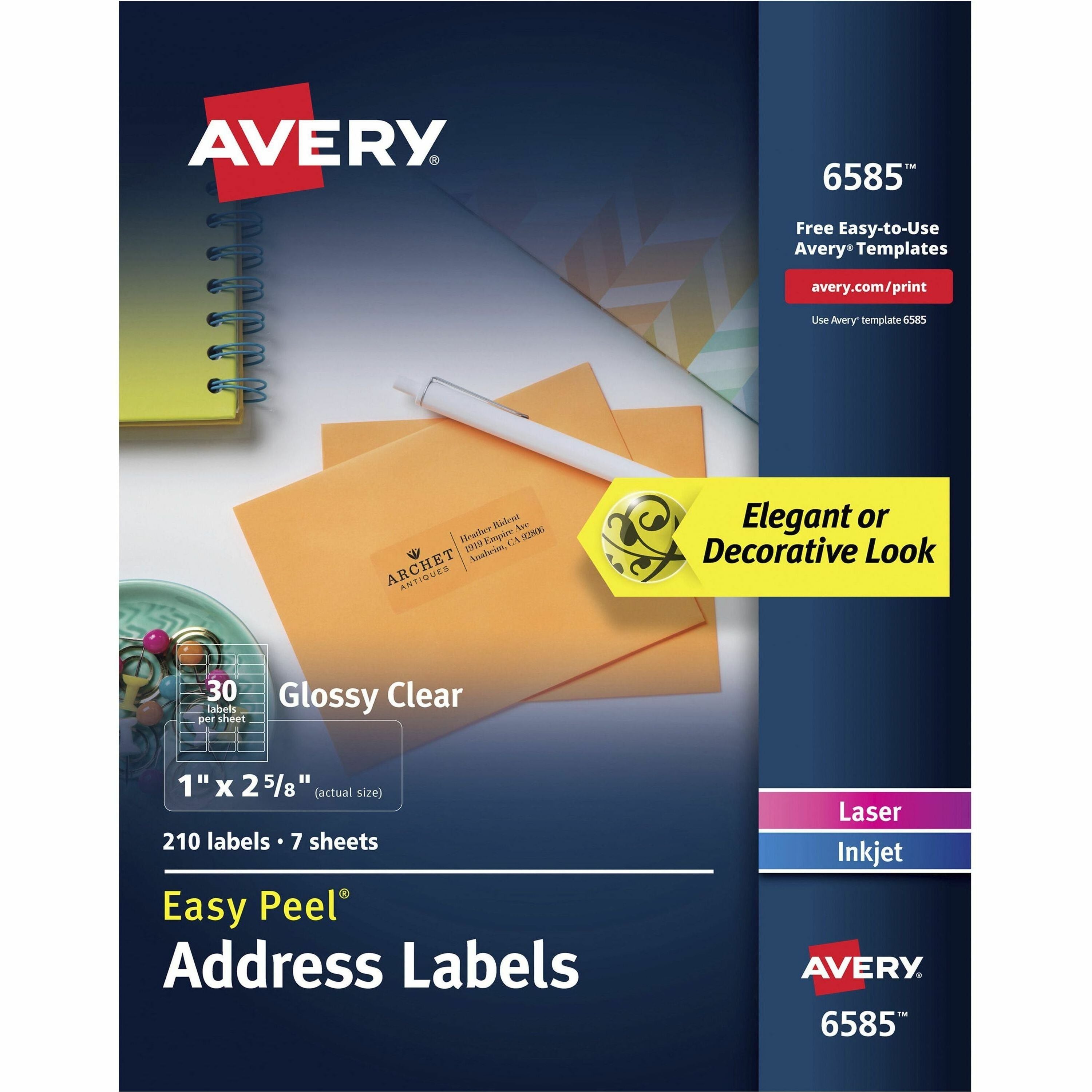 Avery&reg; Easy Peel Address Label - 2 5/8" Height x 1" Width - Permanent Adhesive - Rectangle - Laser, Inkjet - Clear - Film - Pop Up Edge, Jam-free, Foldable, Easy Peel - 30 / Sheet - 35 Total Sheets - 1050 Total Label(s) - 5 / Carton
