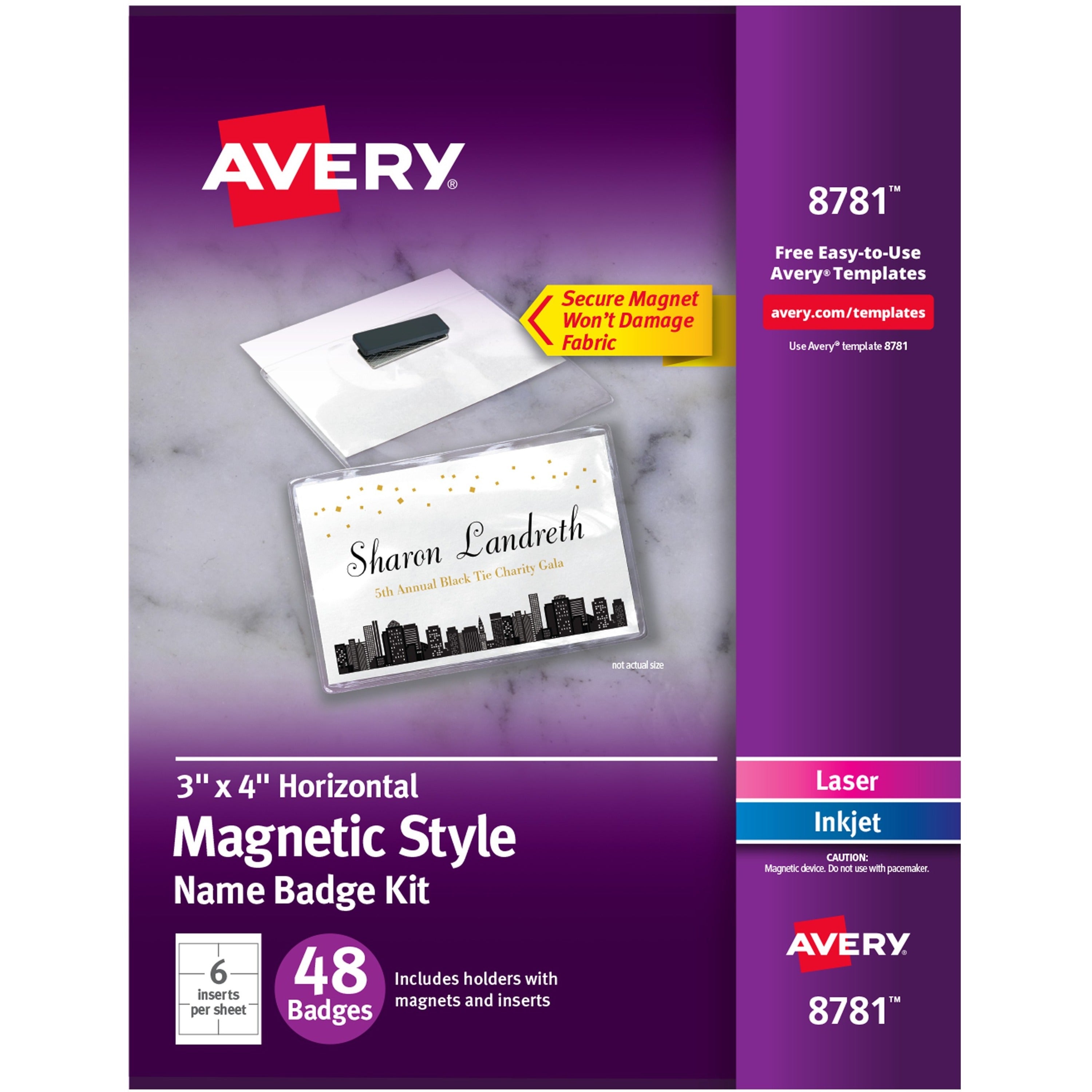 Avery&reg; Name Badge - Rectangular Shape - Non-adhesive, Non-toxic, Durable, Magnetic, Heavy Duty, Printable, Micro Perforated, Recyclable - PVC Plastic - White - 48/Box - 1 Carton