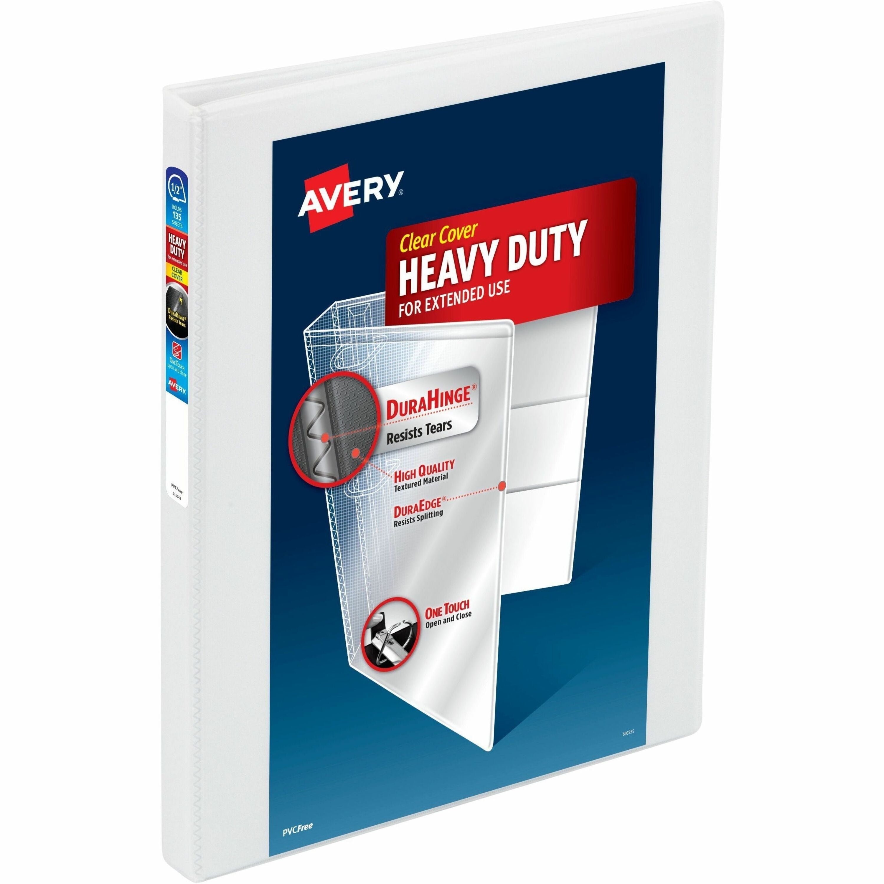 Avery One Touch Heavy-Duty View Binder, 1/2" Capacity, Letter Size, 135 Sheet Capacity, 45/64" Spine, 4 Internal Pockets, Slant Rings, White, Polypropylene, 6/Carton