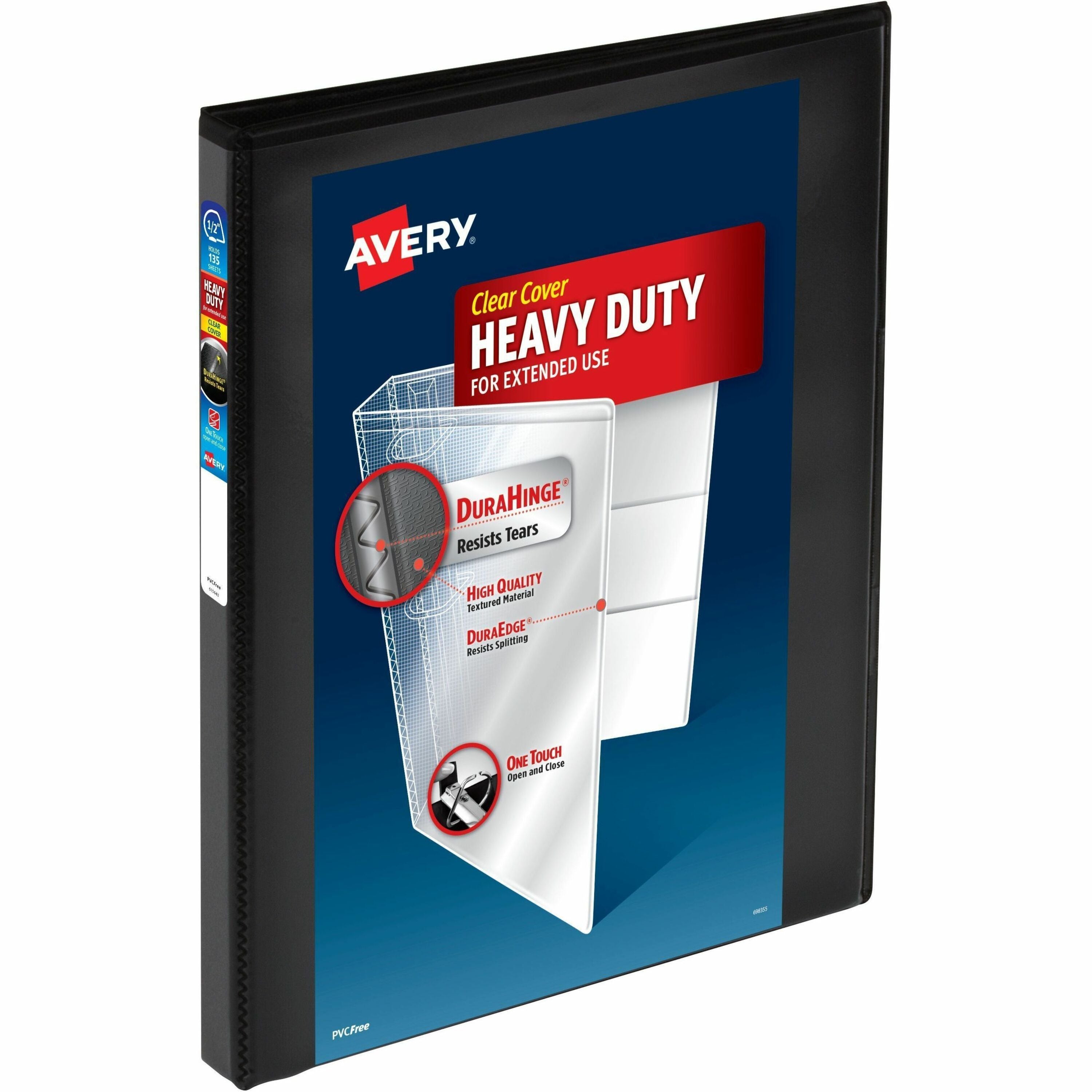 Avery One Touch Heavy-Duty View Binder, 1/2" Capacity, Letter Size, 135 Sheet Capacity, 4 Internal Pockets, Slant Rings, Black, Polypropylene, 6/Carton