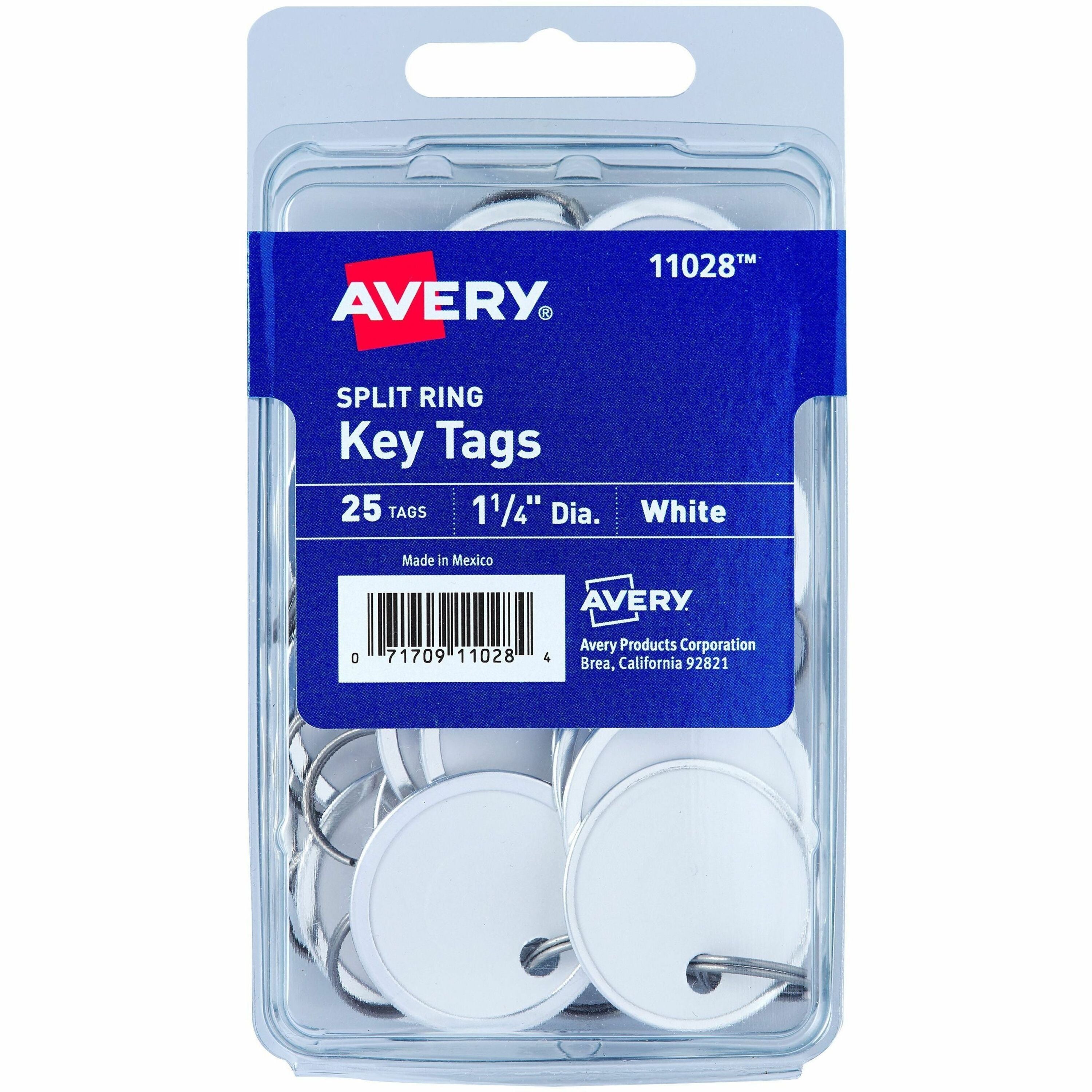 Avery 1-1/4" Metal Rim Key Tags, Split Ring, White, 25 Tags (11028)