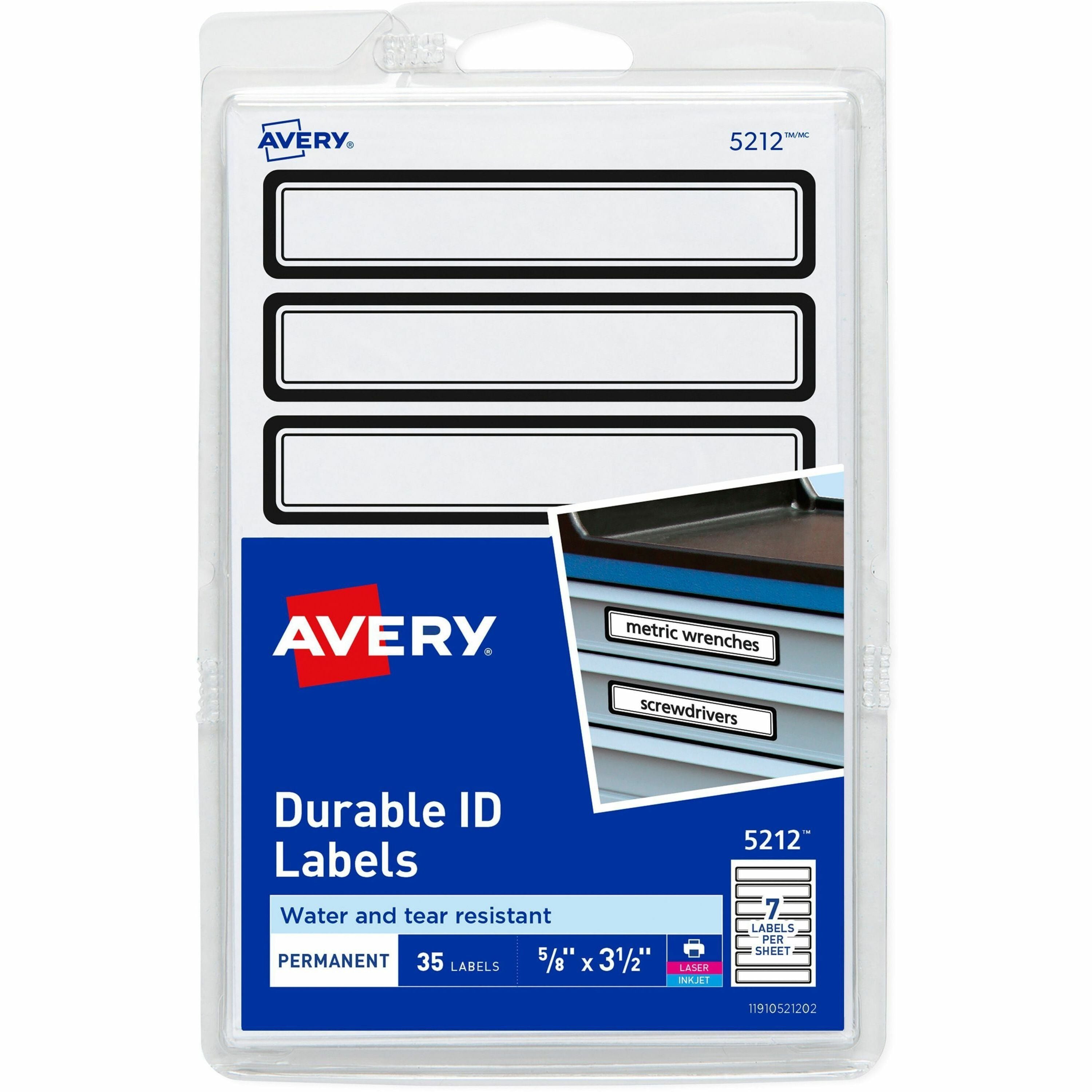 Avery Durable ID Labels, 5/8" x 3-1/2", Rectangle, Matte White with Blue Border, Permanent Adhesive, Water and Tear Resistant, 7 Labels/Sheet, 5 Sheets/Pack, 35 Labels/Pack, 18 Packs/Carton, 630 Total Labels