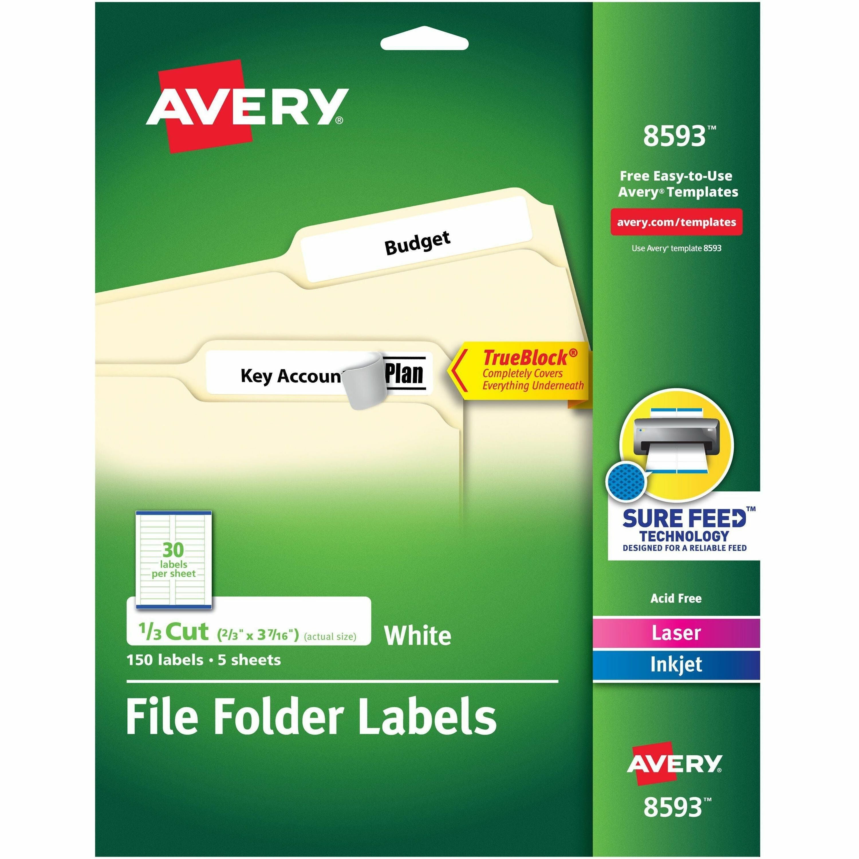 Avery&reg; TrueBlock File Folder Labels - 2/3" Widthss x 3 7/16" Length - Permanent Adhesive - Rectangle - Laser, Inkjet - White - Paper - 30 / Sheet - 20 Total Sheets - 600 Total Label(s) - 150/Pack - 4 / Carton