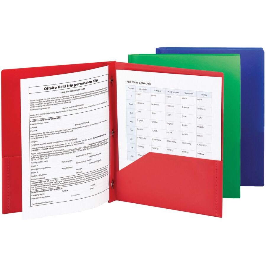 Smead Letter Fastener Folder - 8 1/2" x 11" - 180 Sheets Capacity - 2 x Double Tang Fastener(s) - 2 Internal Pocket(s) - Red, Green, Blue - 3/Pack - 3 / Carton
