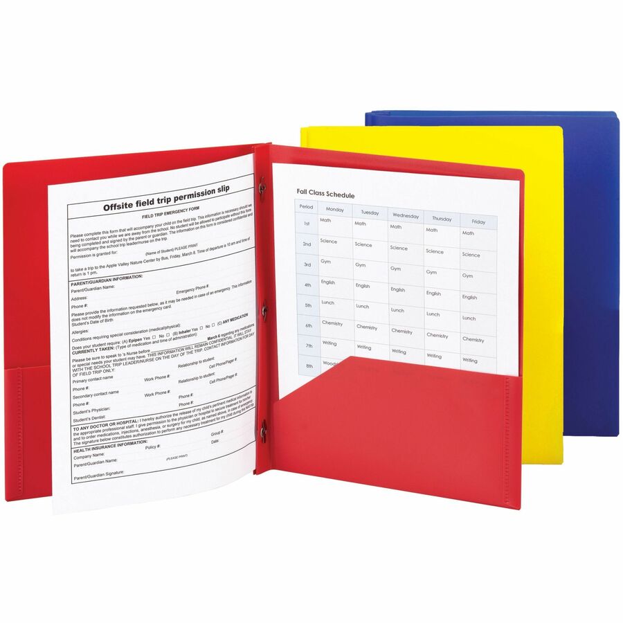Smead Letter Fastener Folder - 8 1/2" x 11" - 180 Sheets Capacity - 2 x Double Tang Fastener(s) - 2 Internal Pocket(s) - Red, Yellow, Blue - 24/Pack - 3 / Carton