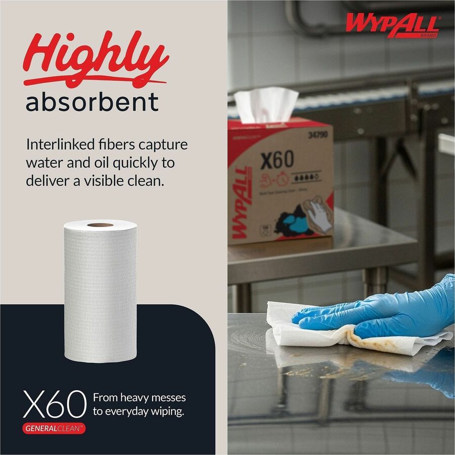 Wypall General Clean X60 Multi-Task Cleaning Cloths - 9.80" Width x 12.20" Length - 130 Sheets/Roll - 1560 Sheets - White - 1 Carton
