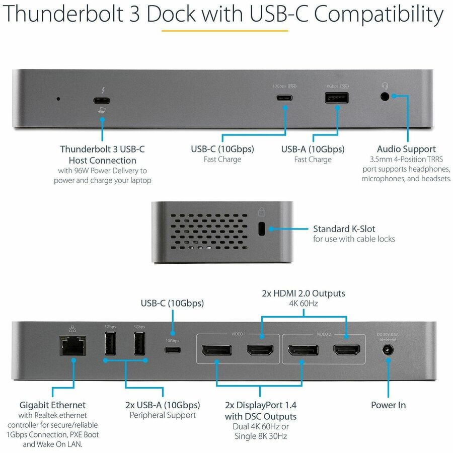 StarTech.com Docking Station, 1 Each, Thunderbolt, Dual 4K/8K Display Support, 96W Power Delivery, 3 USB-A, 2 USB-C, 2 HDMI, 2 DisplayPort, Gigabit Ethernet, Audio Out, Black/Space Gray