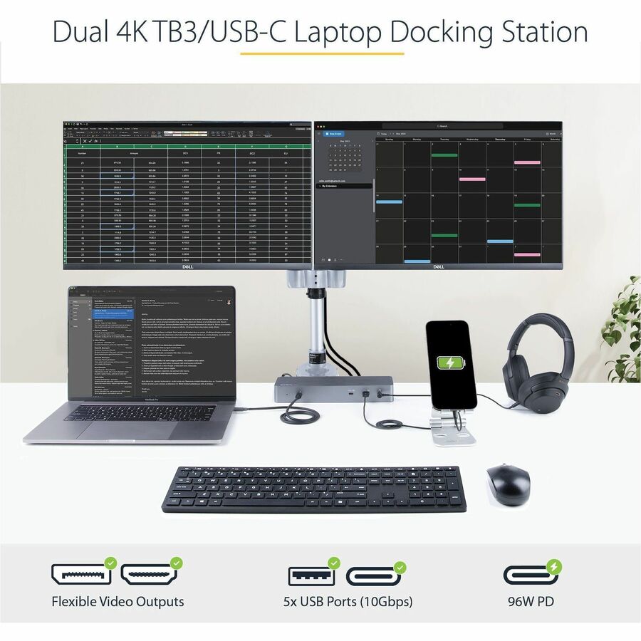 StarTech.com Docking Station, 1 Each, Thunderbolt, Dual 4K/8K Display Support, 96W Power Delivery, 3 USB-A, 2 USB-C, 2 HDMI, 2 DisplayPort, Gigabit Ethernet, Audio Out, Black/Space Gray
