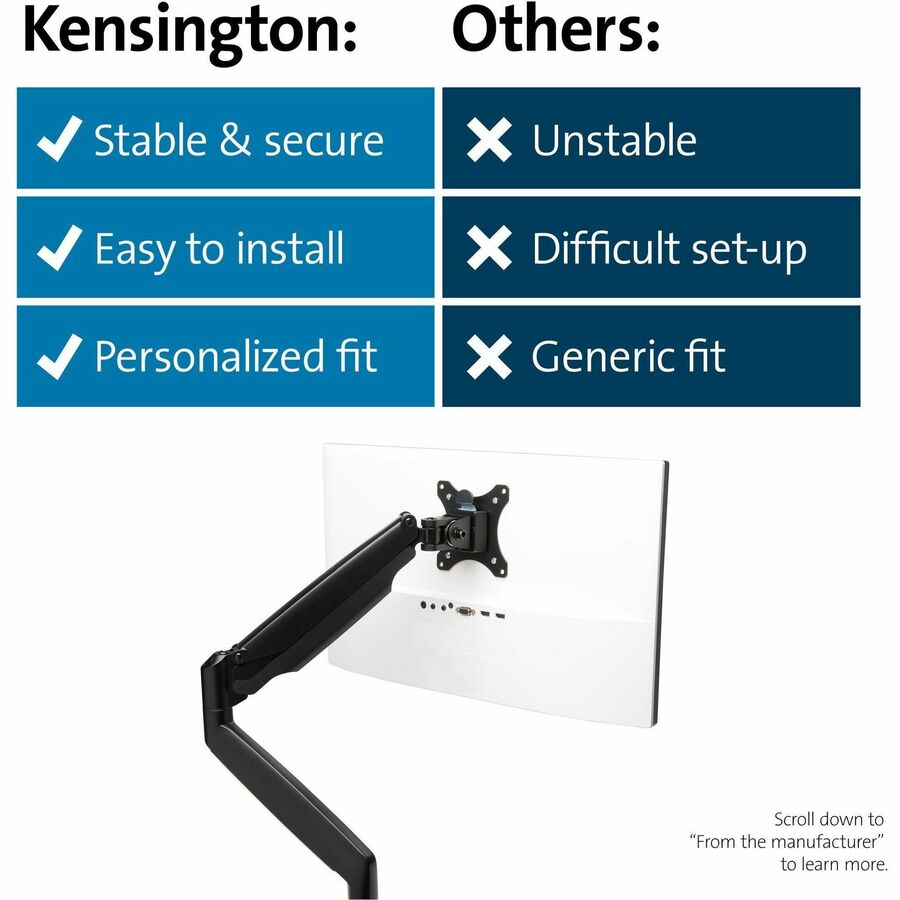 Kensington SmartFit Mounting Arm for Monitor, Curved Screen Display, Flat Panel Display - Black - Landscape/Portrait