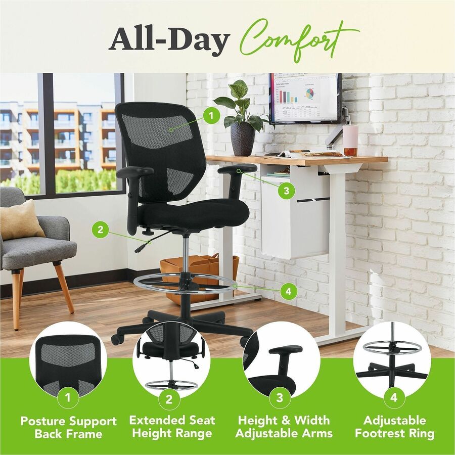 HON Prominent Task Chair - Black Seat Color - Fabric Seat Material - Black Back Color - Mesh Back Material - Black Frame Color - High Back - Armrest - 1 Each