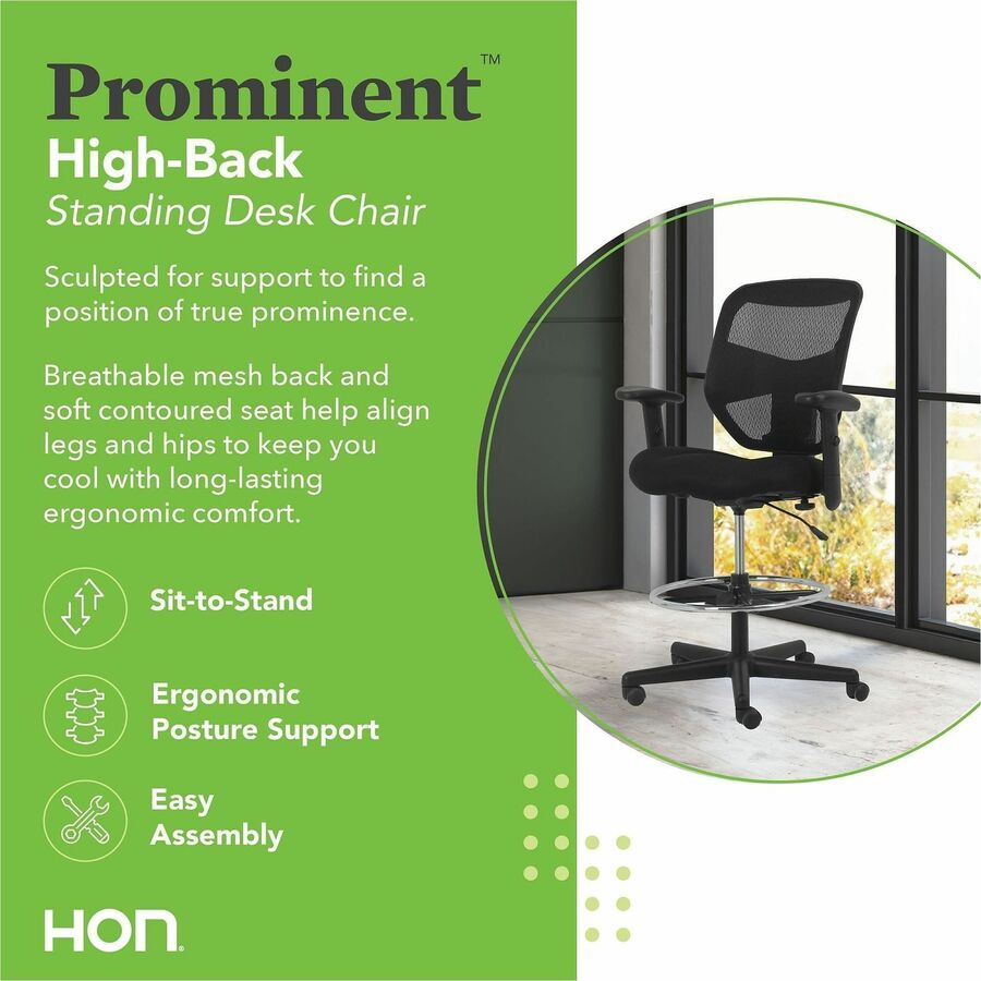 HON Prominent Task Chair - Black Seat Color - Fabric Seat Material - Black Back Color - Mesh Back Material - Black Frame Color - High Back - Armrest - 1 Each