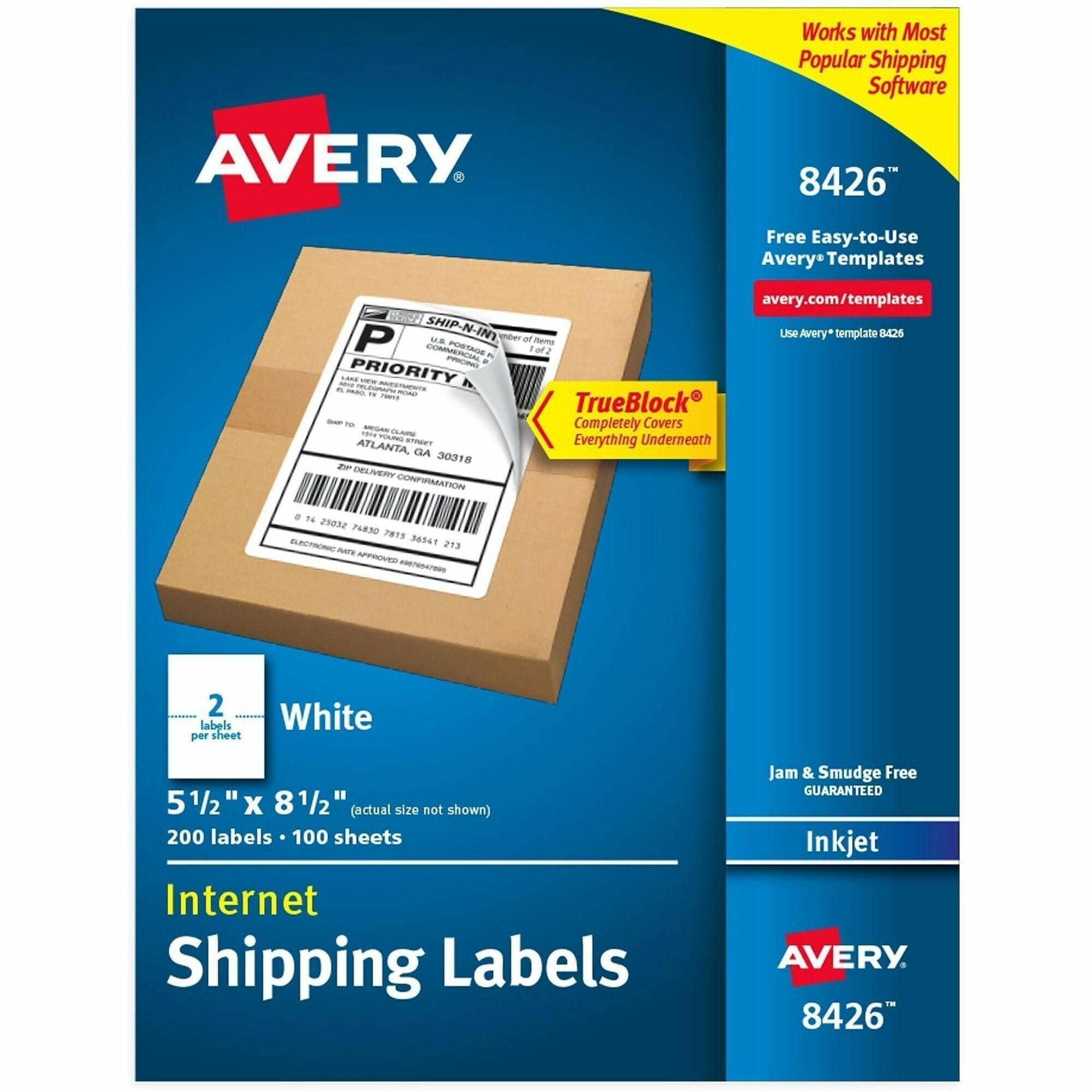 5 1/2" Width x 8 1/2" Length - Permanent Adhesive - Rectangle - Inkjet - White - Paper - Jam-free, Smudge-free, Stick & Stay - 2 / Sheet - 100 Total Sheets - 200 Total Label(s) - 200 / Pack