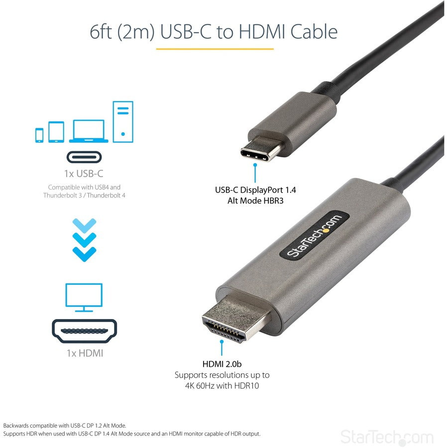 StarTech.com 6ft USB C to HDMI Cable Adapter 4K 60Hz HDR10 - UHD HDMI 2.0b
