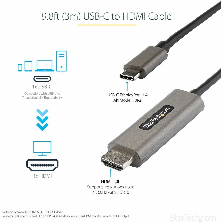 StarTech.com 9.8ft USB C to HDMI Cable Adapter 4K 60Hz HDR10, UHD HDMI 2.0b
