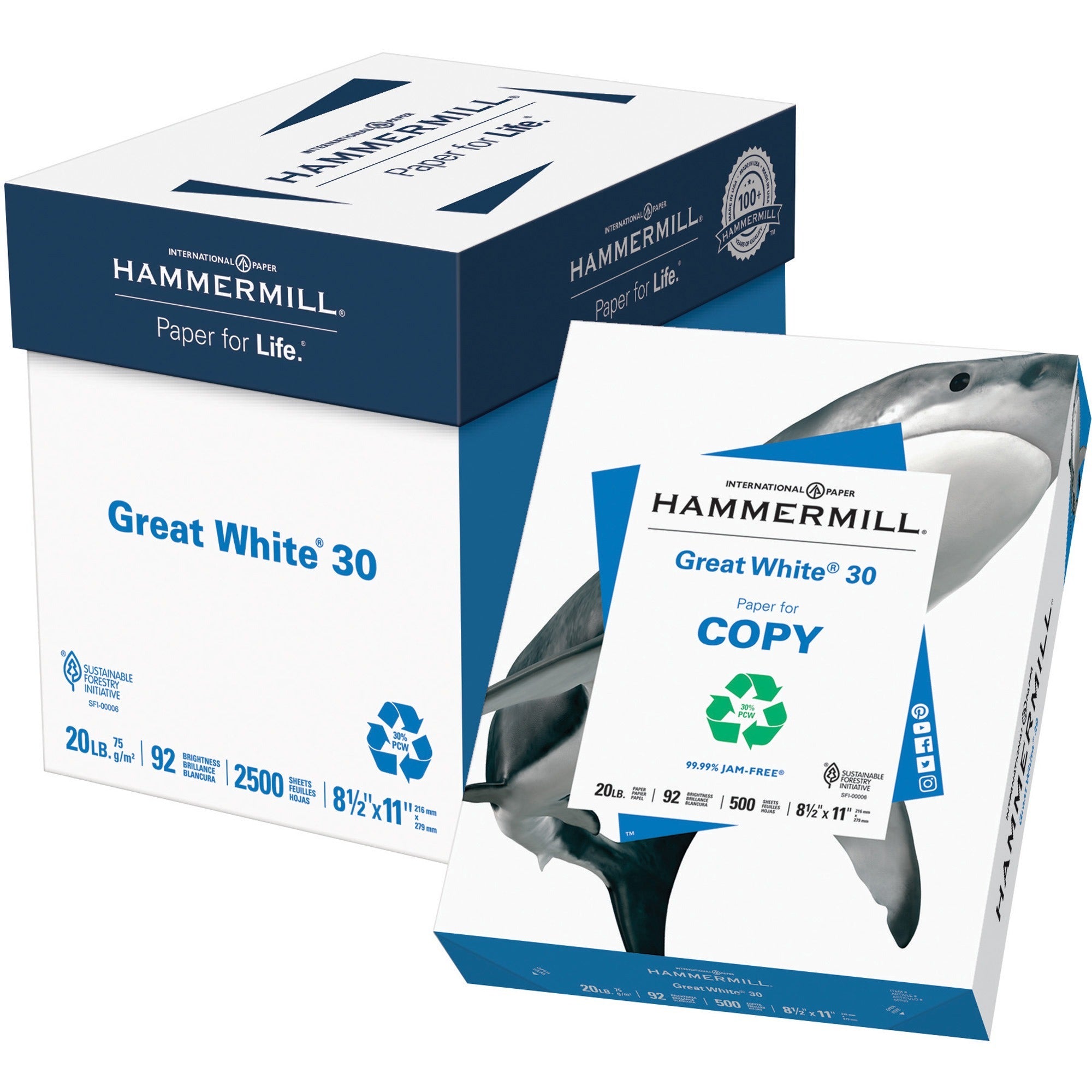 92 Brightness - Letter - 8 1/2" x 11" - 20 lb Basis Weight - 75 g/m² Grammage - Sustainable Forestry Initiative (SFI) - Acid-free, Moisture Resistant, Jam-free - White - 2500 Sheets - 500 Sheets per Ream - 5 / Carton
