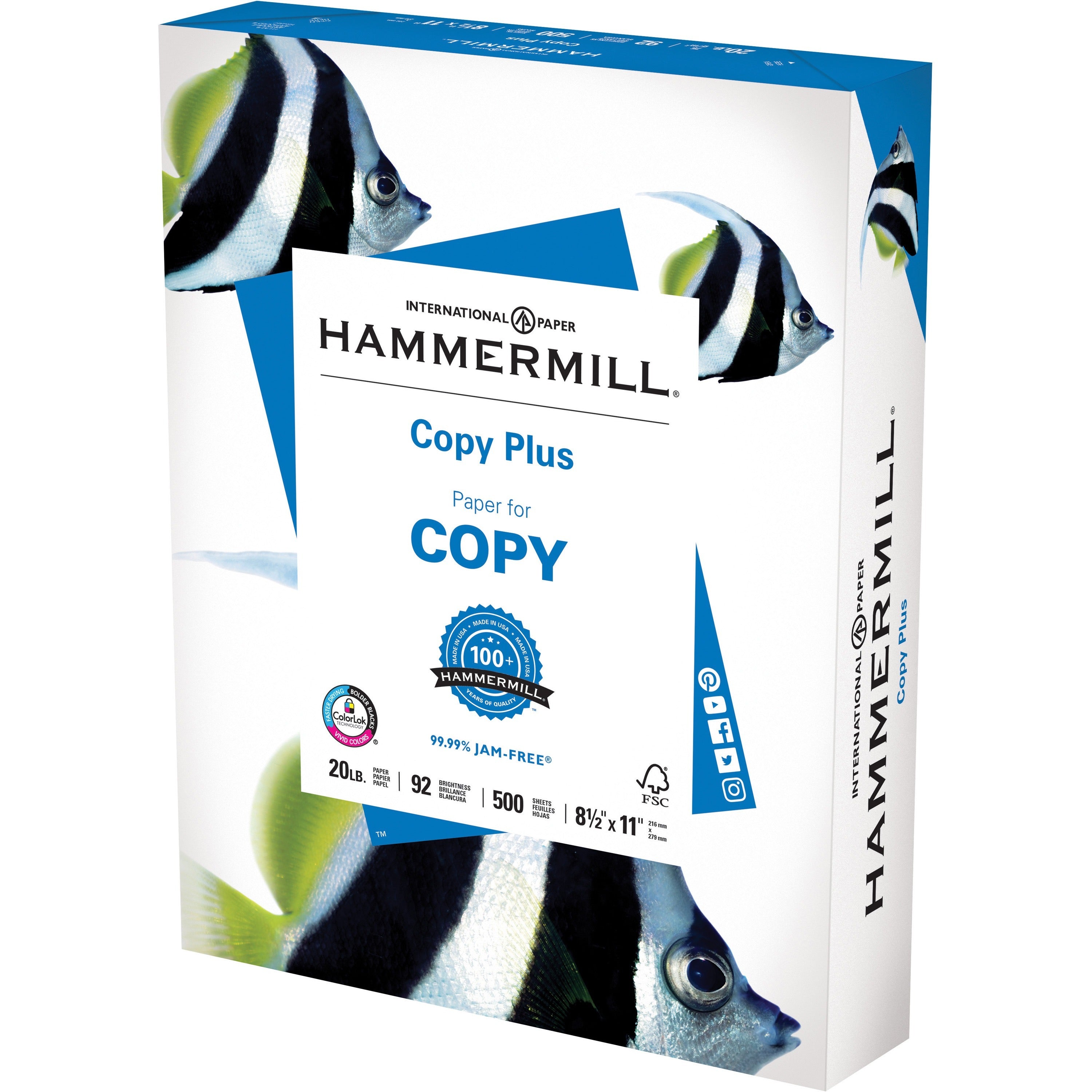 Hammermill Copy Plus Paper - White - 92 Brightness - Letter - 8 1/2" x 11" - 20 lb Basis Weight - 75 g/m² Grammage - Acid-free, ColorLok Technology, Jam-free - White - 500 Sheets per Ream - 5 / Carton