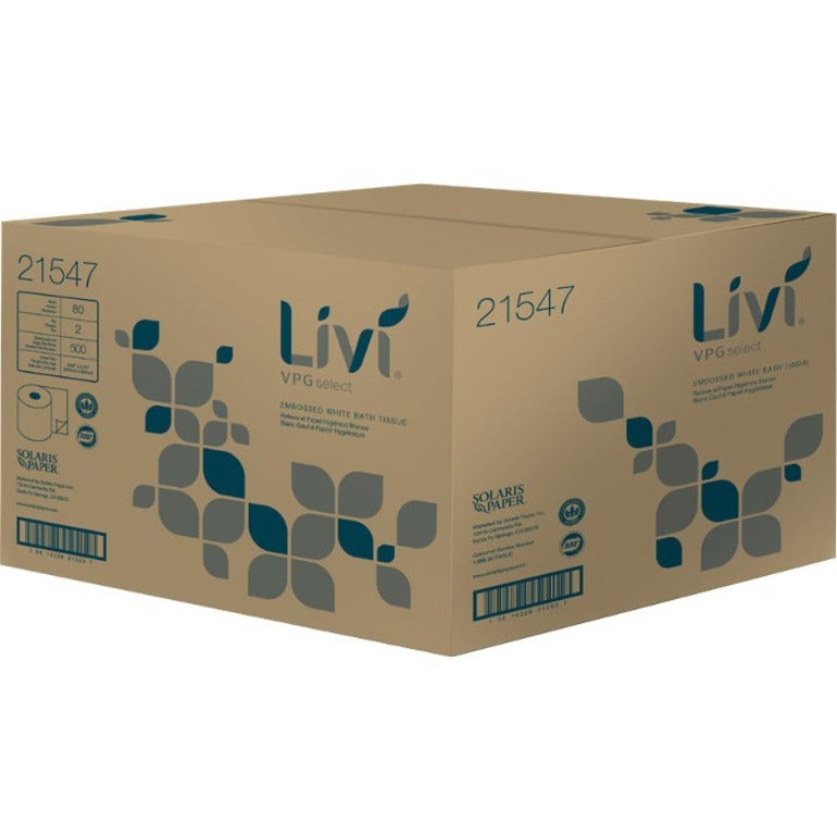 Livi VPG Select Bath Tissue - 2 Ply - 3.75" Width x 4.06" Length - 500 Sheets/Roll - 1 49/64" Core - Livi Leaf - White - Fiber - 80 / Carton