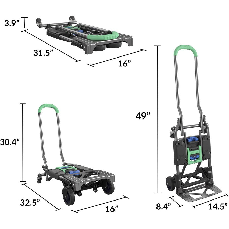 Cosco Shifter Hand Truck & Cart - 300 lb Load Capacity - 4 Casters - Steel - 16" Width x 3.90" Depth x 31.50" Height - Gray - 1 Each
