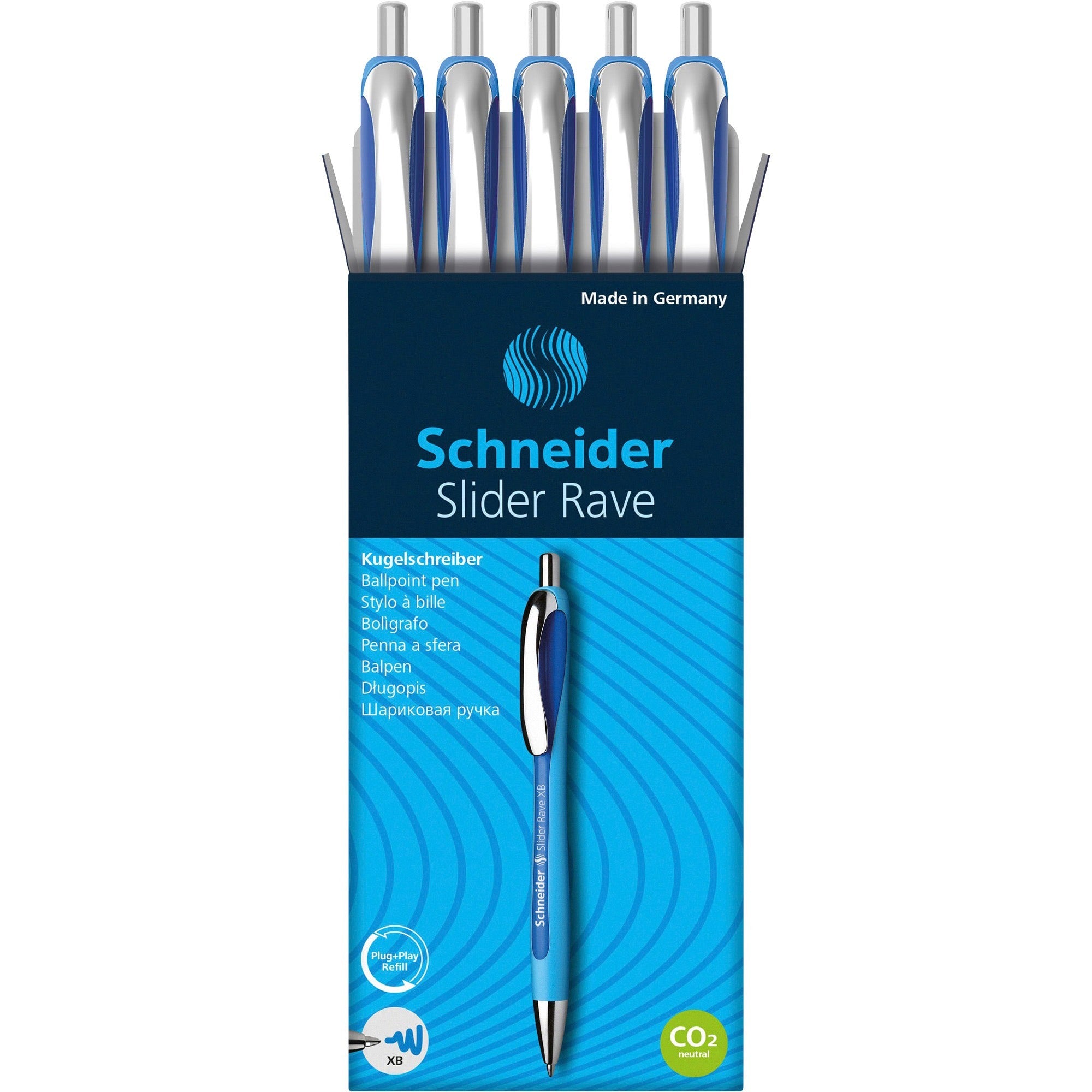 Schneider Slider Rave XB Ballpoint Pen - 1.4 mm Extra Broad Pen Point - Retractable - Blue Ink - Blue Rubberized, Light Blue Barrel - Stainless Steel Tip - 5 / Pack