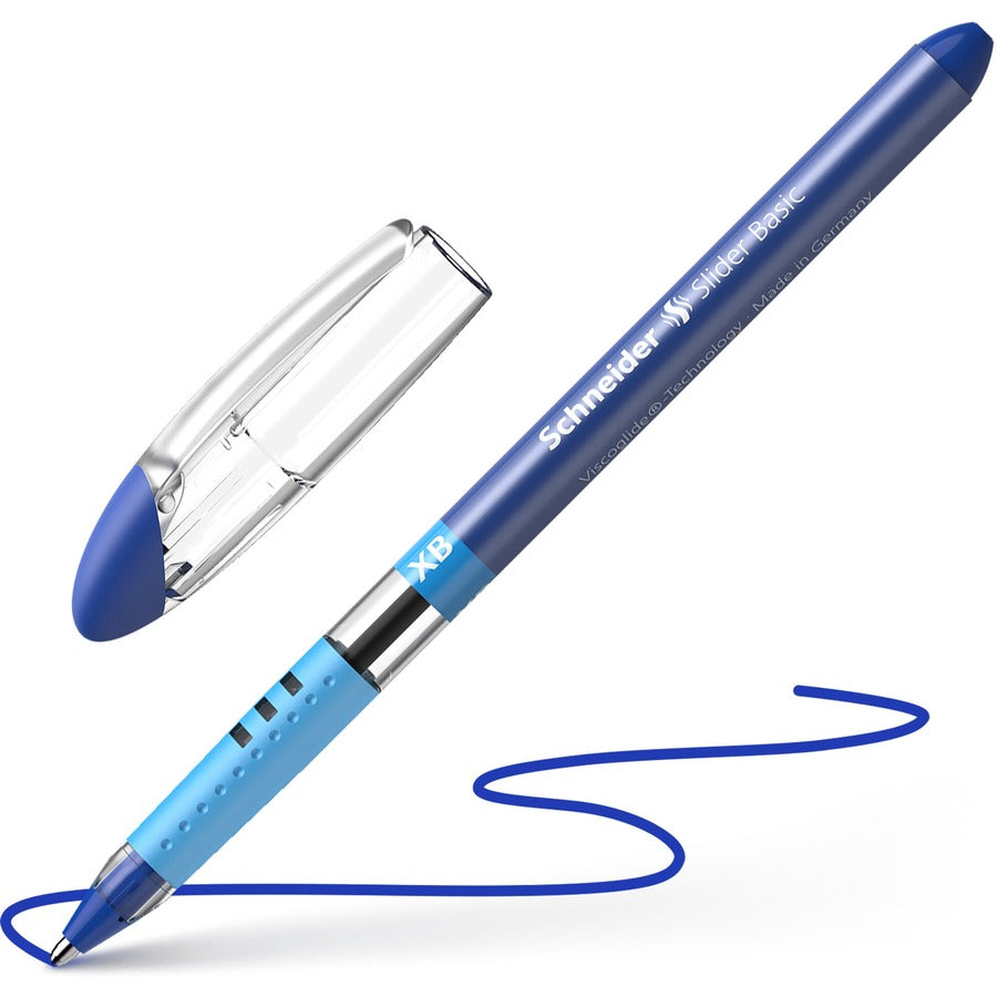 Schneider Slider Basic XB Ballpoint Pen - 1.4 mm Extra Broad Pen Point - Blue Ink - Blue Rubberized, Transparent, Silver Barrel - Stainless Steel Tip - 10 / Pack