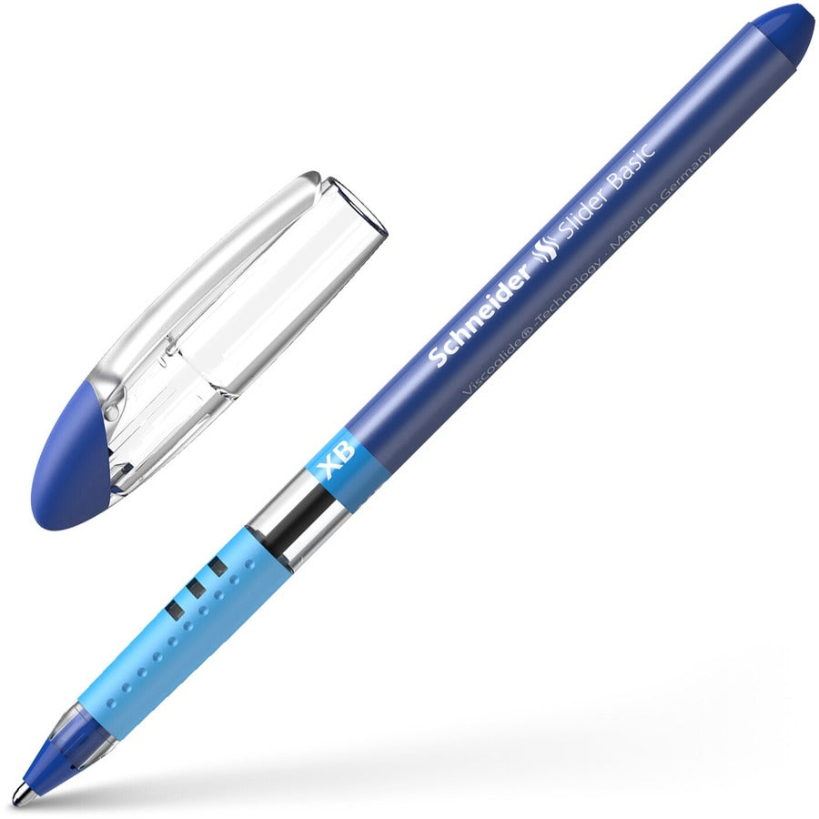 Schneider Slider Basic XB Ballpoint Pen - 1.4 mm Extra Broad Pen Point - Blue Ink - Blue Rubberized, Transparent, Silver Barrel - Stainless Steel Tip - 10 / Pack
