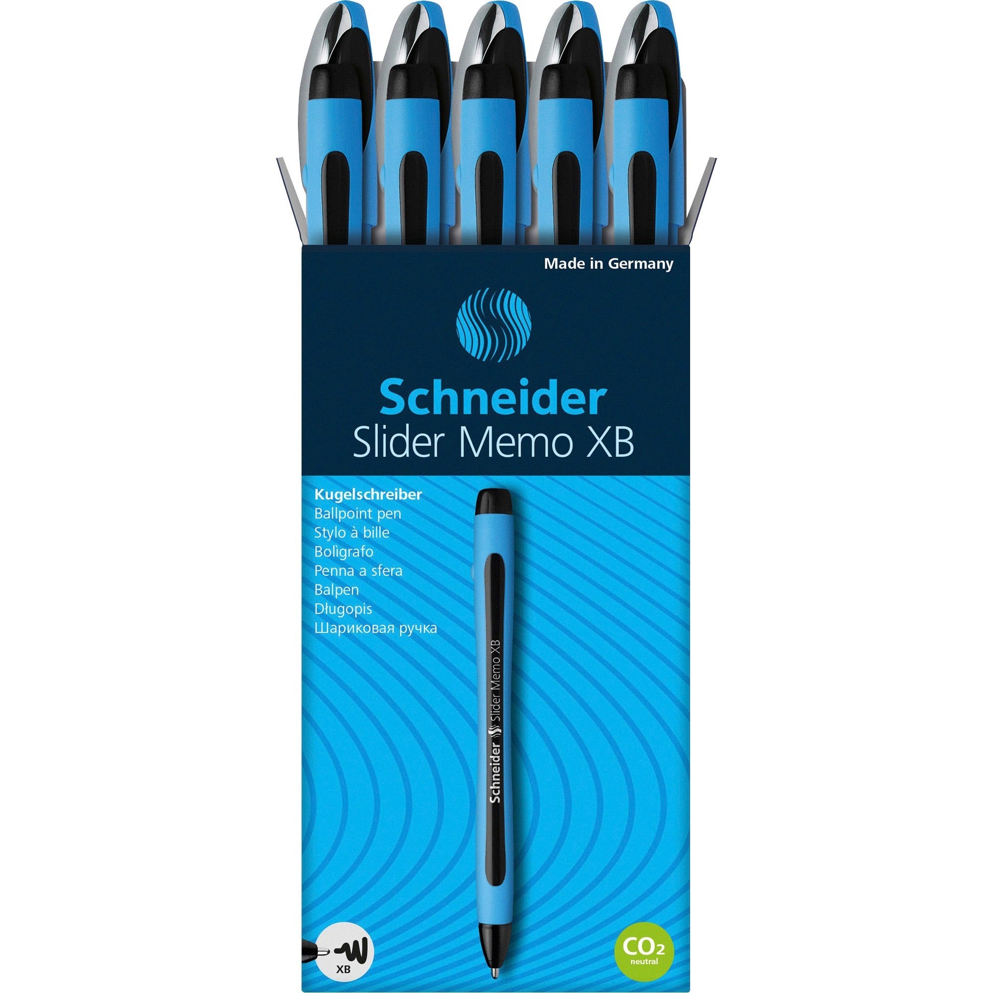 Schneider Slider Memo XB Ballpoint Pen - 1.4 mm Extra Broad Pen Point - Black Ink - Black Rubberized, Light Blue Barrel - Stainless Steel Tip - 10 / Pack