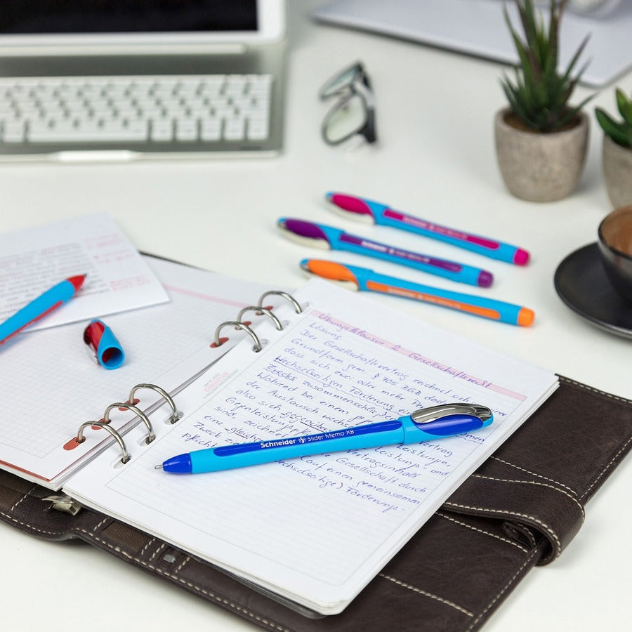 Schneider Slider Memo XB Ballpoint Pen - 1.4 mm Extra Broad Pen Point - Black Ink - Black Rubberized, Light Blue Barrel - Stainless Steel Tip - 10 / Pack