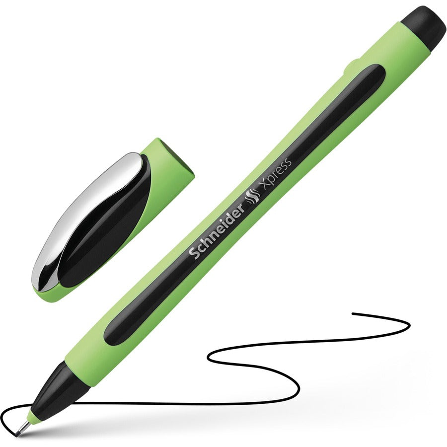 Schneider Xpress Fineliner Pen - 0.8 mm Medium Pen Point - Black Ink - Black Rubberized, Green Barrel - Stainless Steel Tip - 10 / Pack
