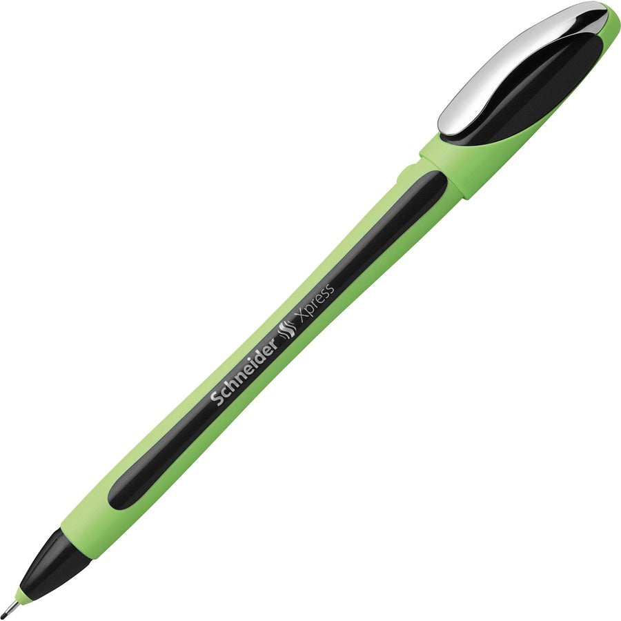 Schneider Xpress Fineliner Pen - 0.8 mm Medium Pen Point - Black Ink - Black Rubberized, Green Barrel - Stainless Steel Tip - 10 / Pack