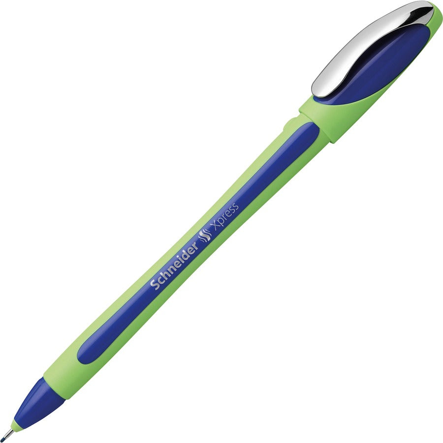 Schneider Xpress Fineliner Pen - 0.8 mm Medium Pen Point - Blue Ink - Blue Rubberized, Green Barrel - Stainless Steel Tip - 10 / Pack