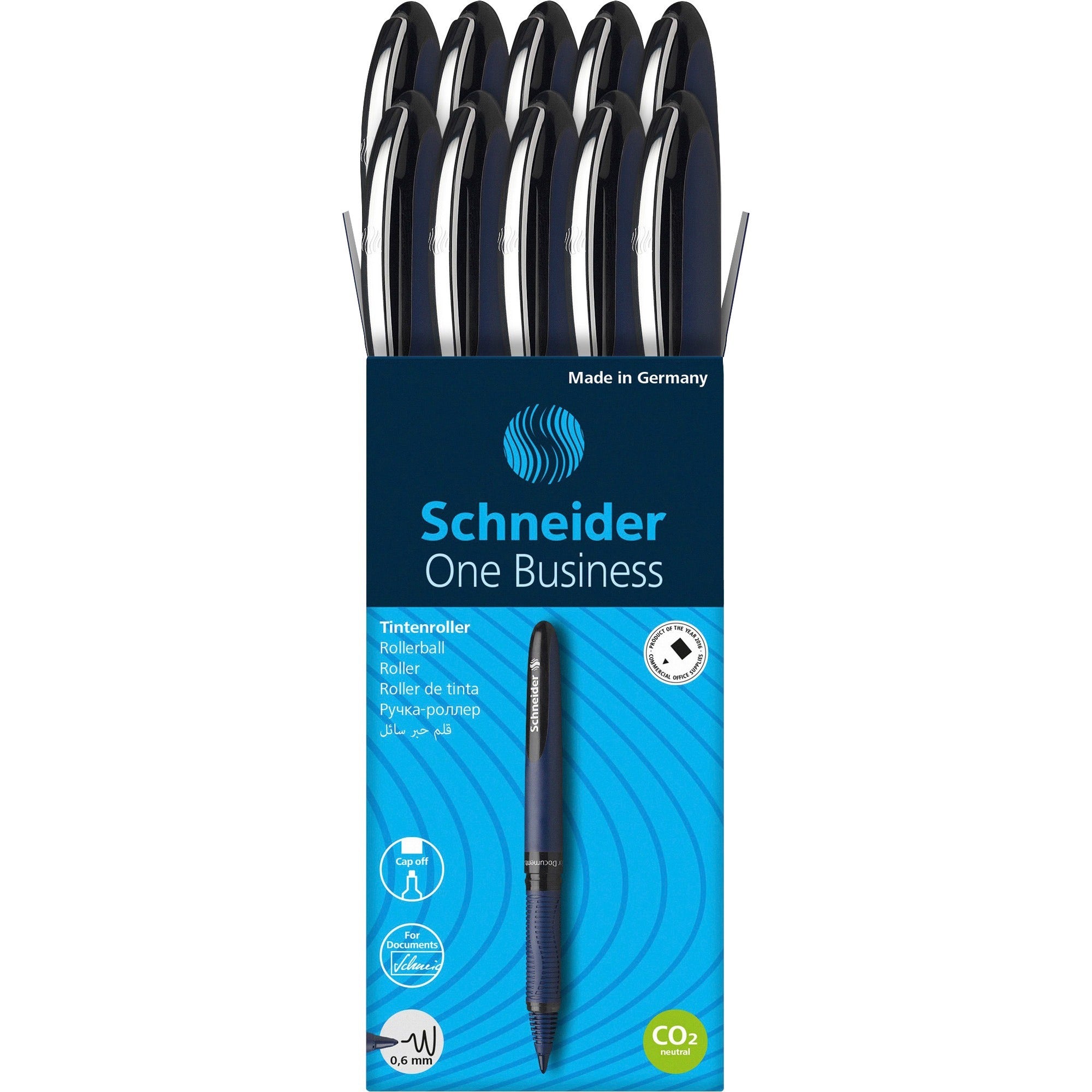 Schneider One Business Rollerball - 0.6 mm Medium Pen Point - Black Ink - Black, Dark Blue Barrel - 10 / Pack