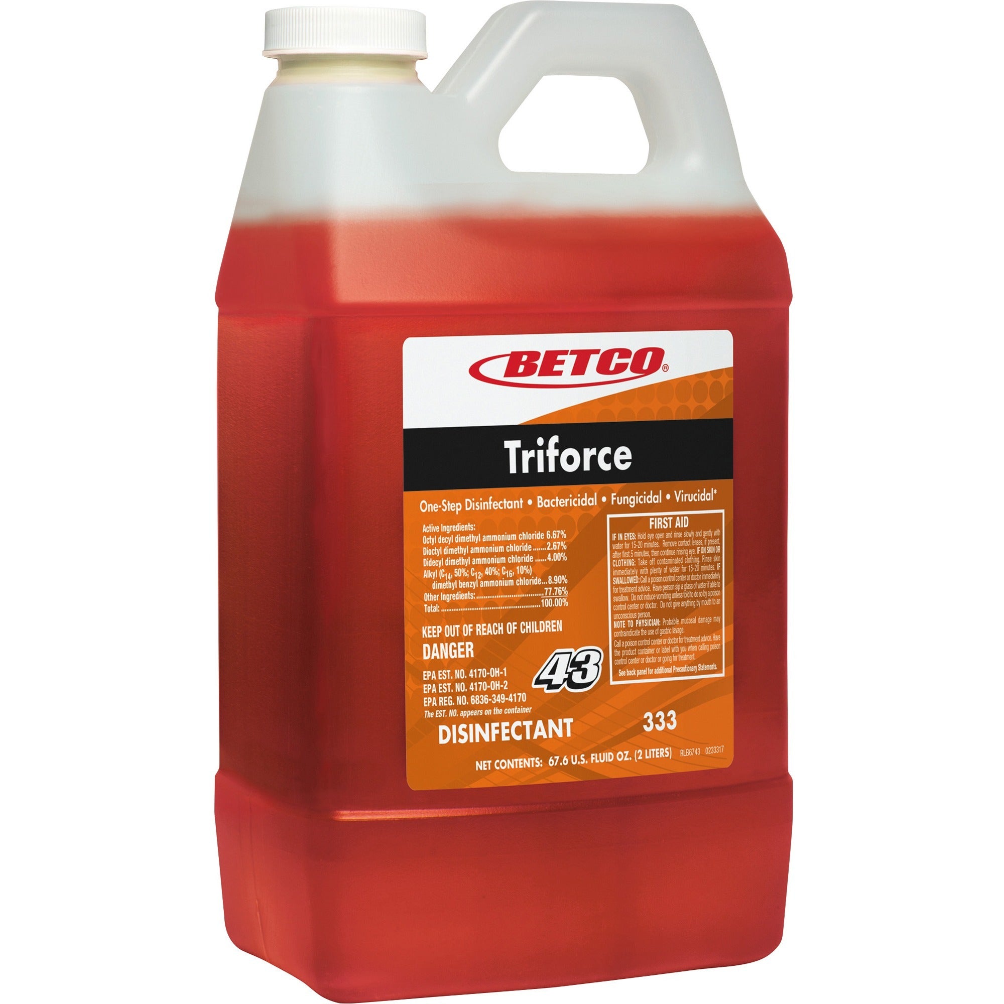 Betco FastDraw 43 Triforce Titan Disinfectant - Concentrate - 67.6 fl oz (2.1 quart) - Fresh Scent - Disinfectant - Orange - 1 Each