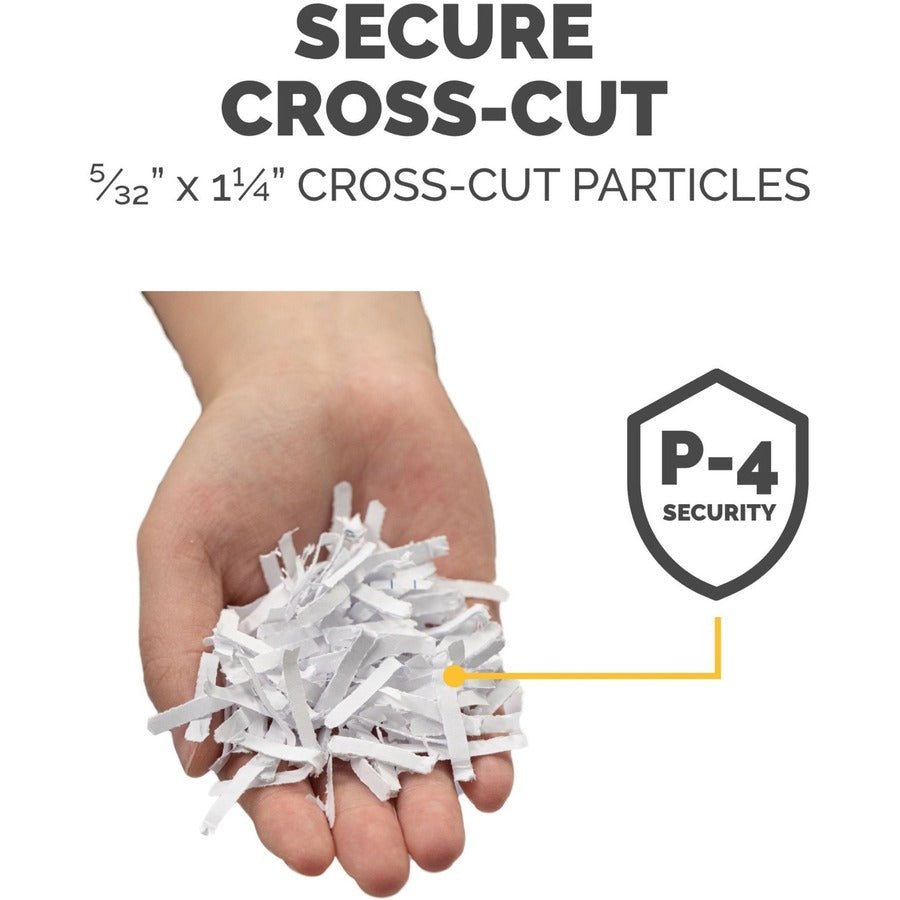 Cross Cut - 11 Per Pass - for shredding Staples, Paper Clip, Credit Card, Junk Mail - 0.156" x 1.438" Shred Size - P-4 - 5 Minute Run Time - 30 Minute Cool Down Time - 4.80 gal Wastebin Capacity - Black