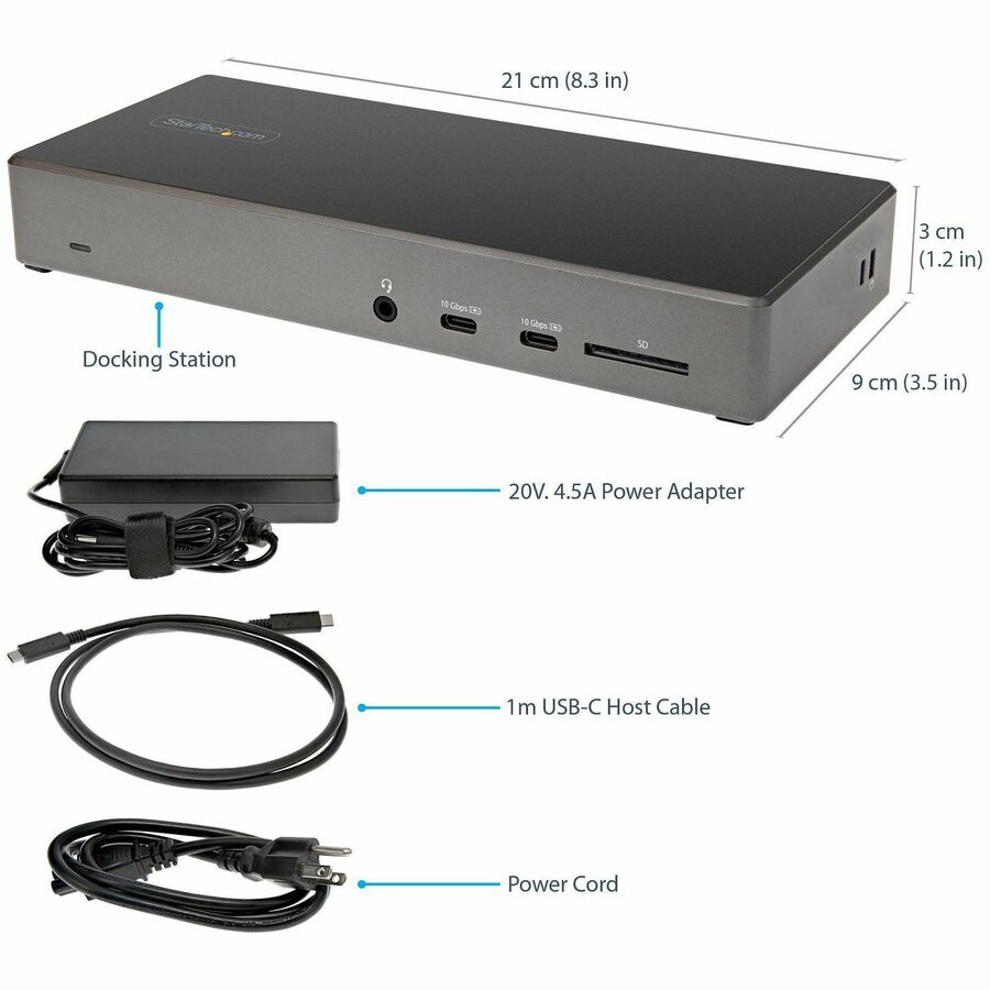 StarTech.com Docking Station, 1 Each, USB-C, 100W Power Delivery, Triple 4K Display Support, 6 USB Ports (2 USB-C, 4 USB-A), SD Card Reader, HDMI, 2 DisplayPort, RJ-45, Black/Space Gray, Wired, Gigabit Ethernet