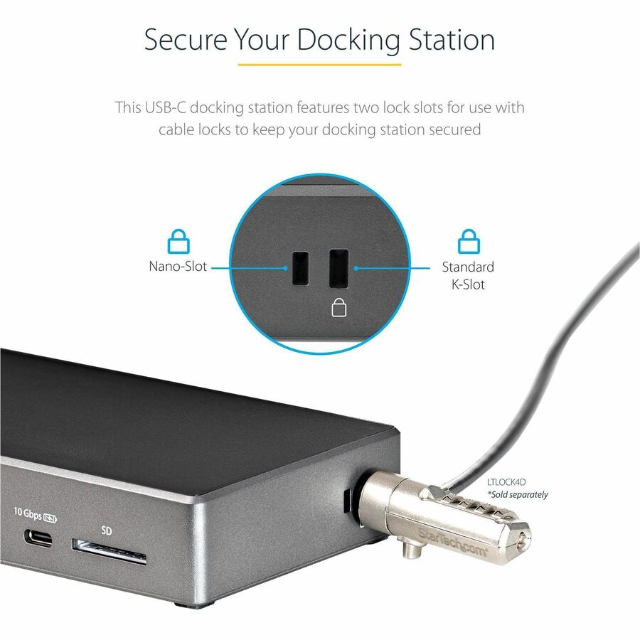 StarTech.com Docking Station, 1 Each, USB-C, 100W Power Delivery, Triple 4K Display Support, 6 USB Ports (2 USB-C, 4 USB-A), SD Card Reader, HDMI, 2 DisplayPort, RJ-45, Black/Space Gray, Wired, Gigabit Ethernet