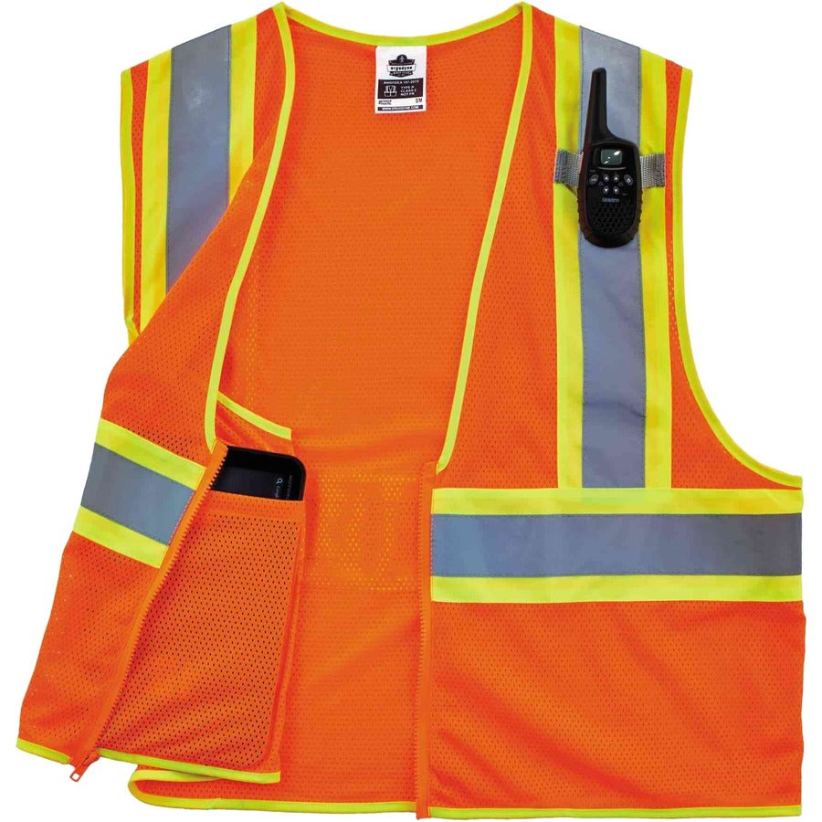 Ergodyne 8229Z Economy Two-Tone Vest - Recommended for: Construction, Emergency, Warehouse, Baggage Handling - 4-Xtra Large/5-Xtra Large - Zipper Closure - Polyester Mesh, Mesh Fabric - Orange - Reflective, Pocket - 1 Each