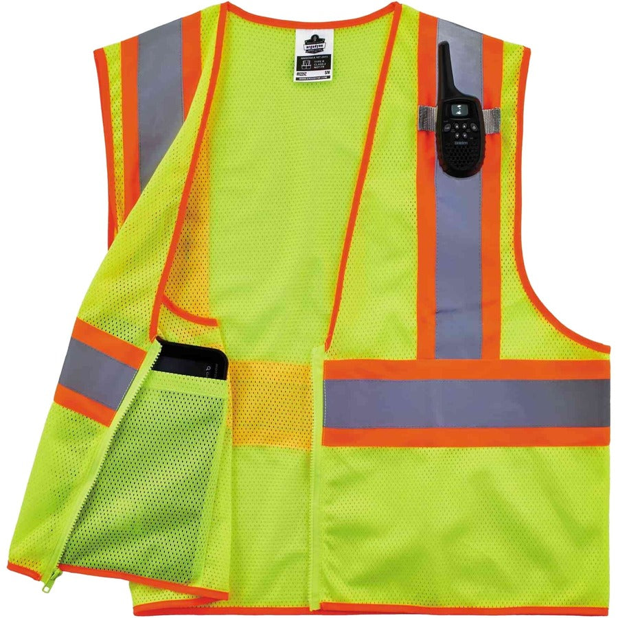 Ergodyne 8229Z Economy Two-Tone Vest - Recommended for: Construction, Emergency, Warehouse, Baggage Handling - Extra Small - Zipper Closure - Polyester Mesh, Mesh Fabric - Lime - Reflective, Pocket - 1 Each