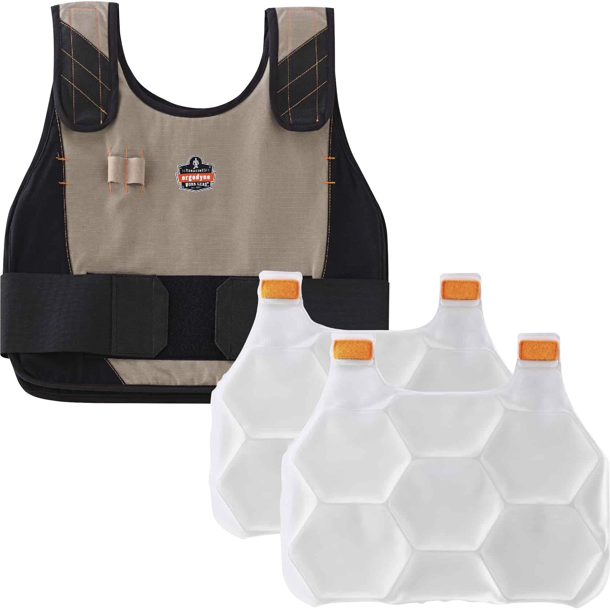 Ergodyne 6215 Safety Vest, Large/Extra Large, Khaki, Flame Resistant, Reflective Strap, Adjustable Hook & Loop Closure, Cotton/Modacrylic Blend, Includes 2 Cooling Packs, 1 Each